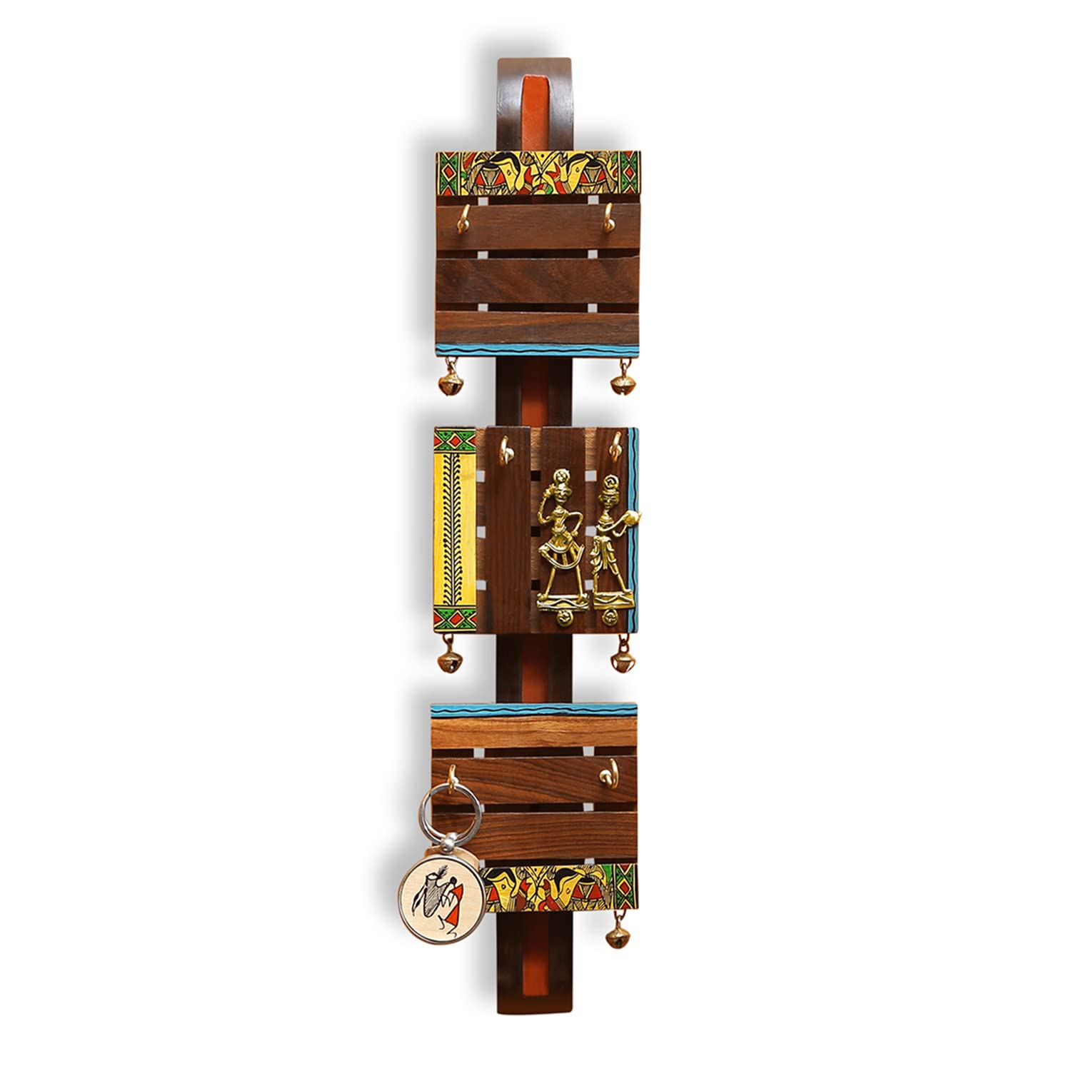 Handcrafted Madhubani Wooden Key Holder - 6 Hooks Wall Mount Key Hanger for Home Décor (Teak & Sheesham Wood) | Unique Indian Folk Art Key Organizer for Entryway, Living Room & Office - Perfect Housewarming Gift