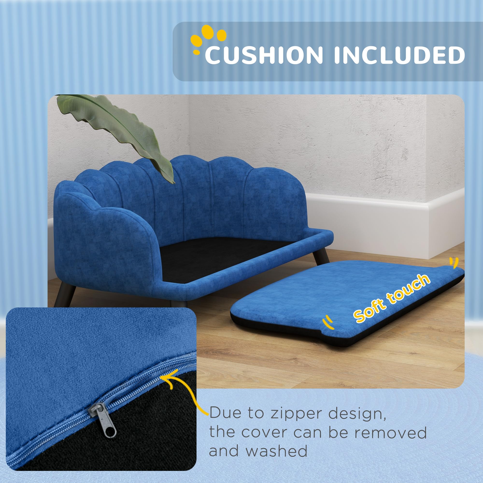 PawHut Velvet Large Dog Couch with Foam Cushion - Soft & Cute Dog Bed with Pearl Design for Medium & Big Dogs - Dark Blue Pet Sofa for Living Room, Bedroom & Pet-Friendly Spaces