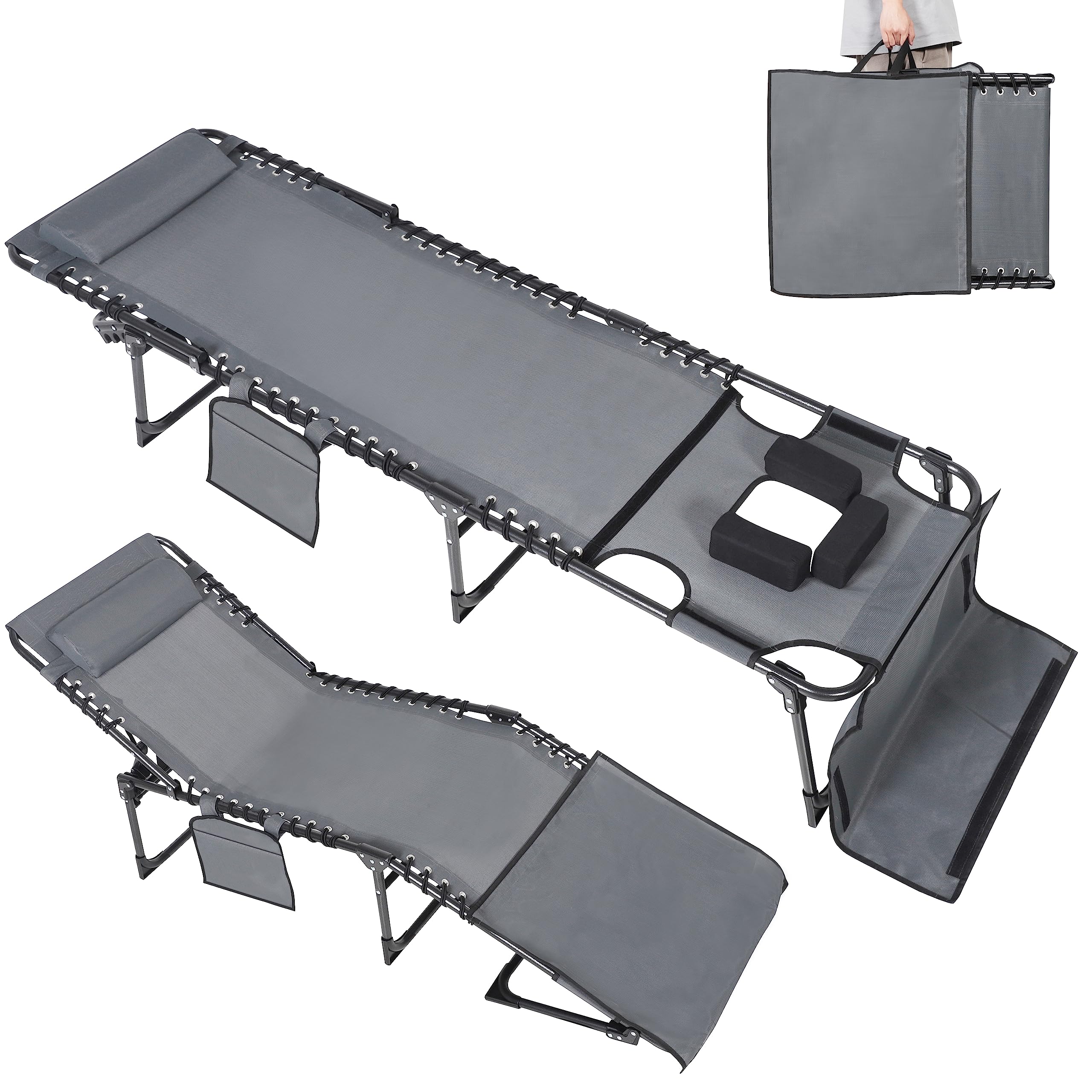 VEIKOU 5-Position Adjustable Tanning Chair with Face Hole - Portable Beach Lounge Chair with Pillow & Storage Pocket - Upgraded Outdoor Sunbathing Chair for Poolside, Patio, Backyard & Beach - Deep Grey