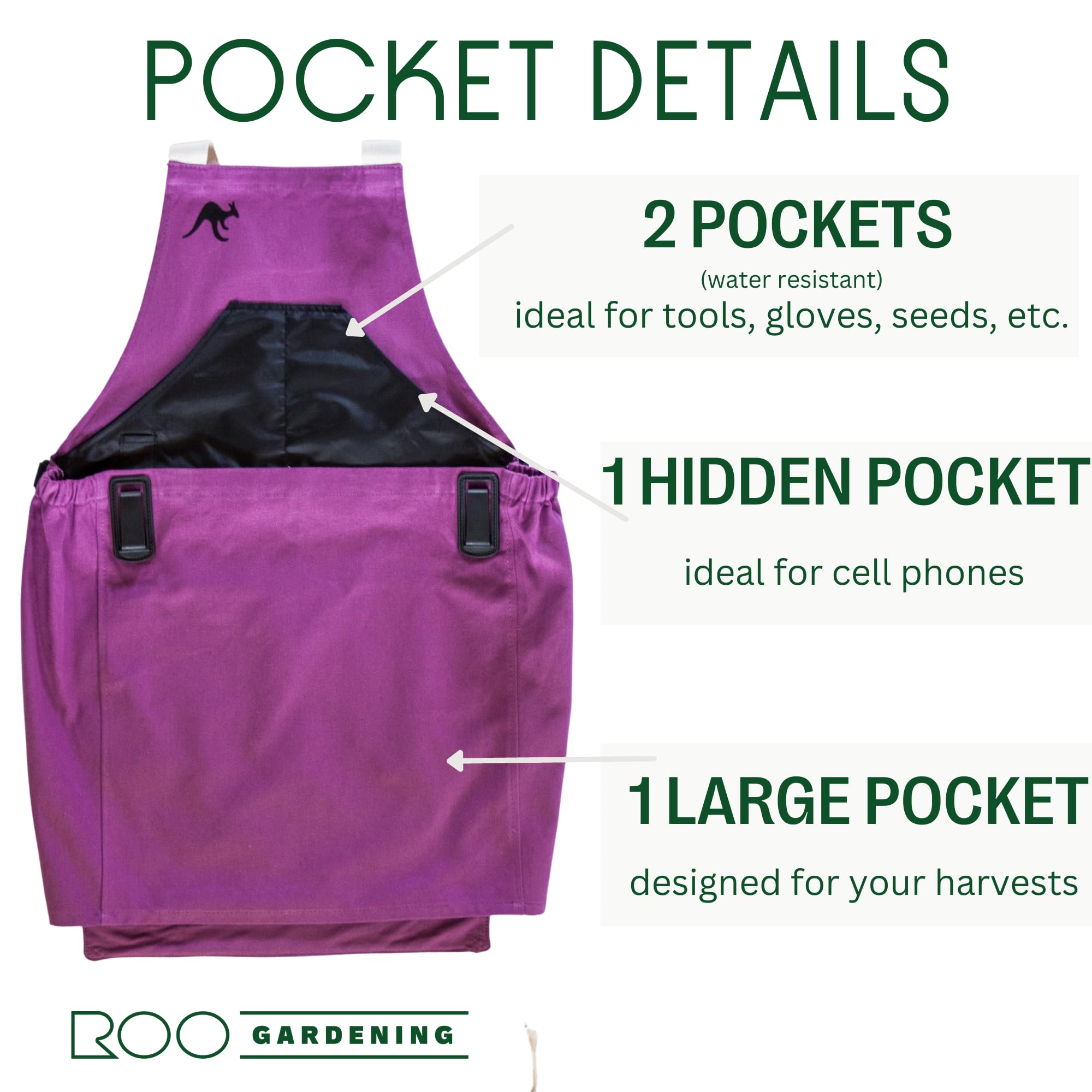 Roo Gardening Apron with Large Pockets - Adjustable Water-Resistant Washable Cotton Canvas - Perfect for Harvesting Vegetables, Picking Fruits & Outdoor Gardening Activities
