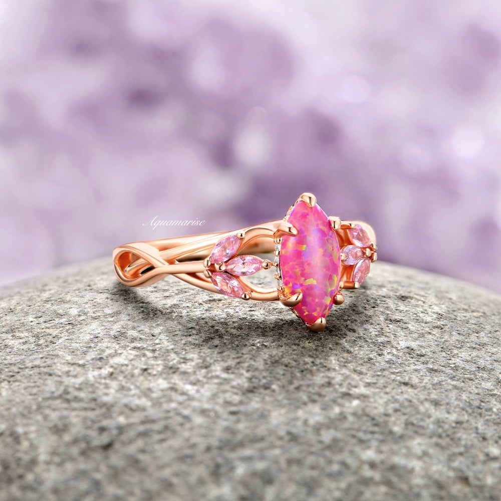 14K Rose Gold Vermeil Pink Fire Opal & Sapphire Celtic Knot Ring - Elegant Jewelry for Women, Perfect for Weddings, Anniversaries, and Special Occasions
