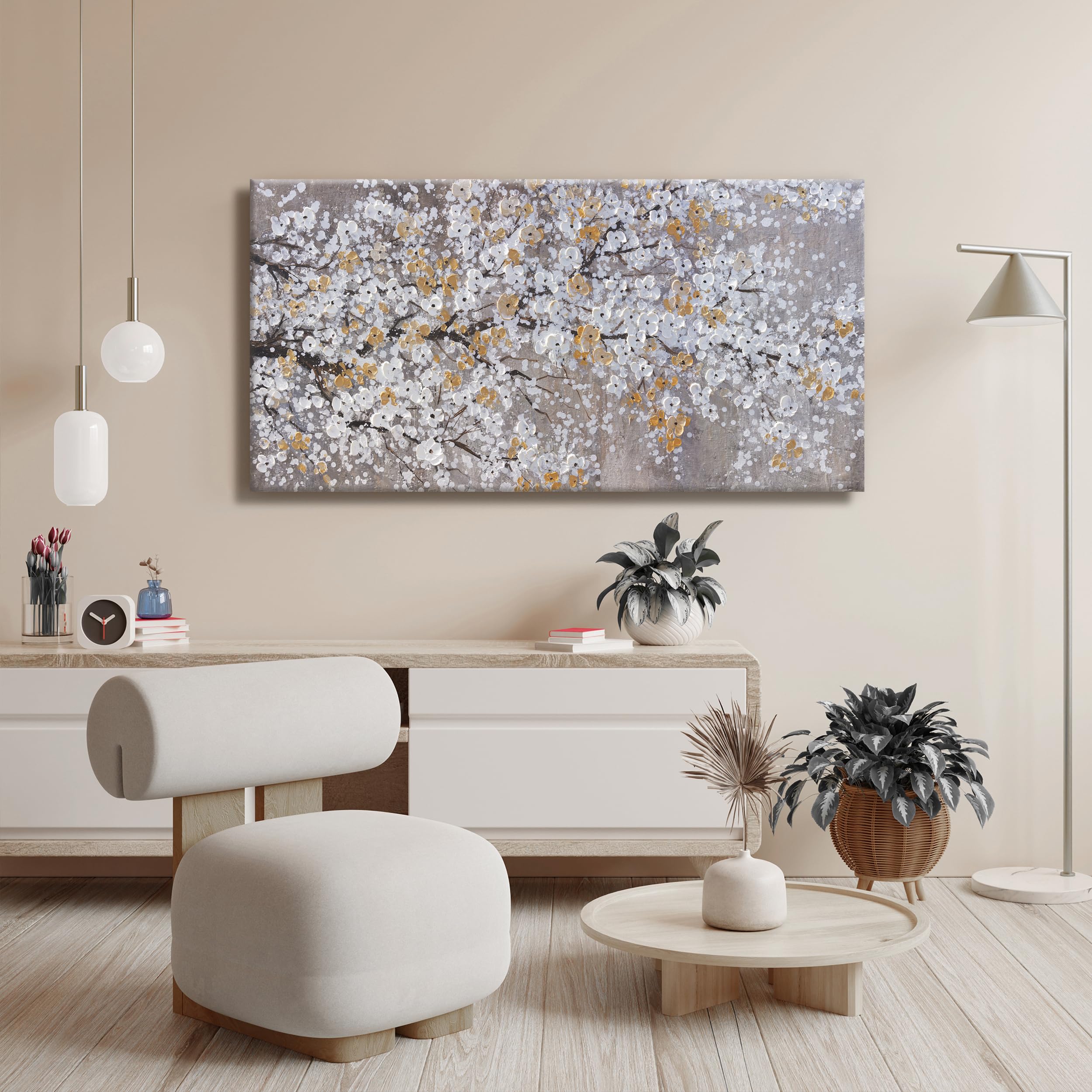 Modern Abstract Tree Plants Canvas Wall Art - Gold & White Painting for Bedroom, Living Room, Home, Kitchen & Office Decor - 20x40 Inch Framed Wall Decor - Perfect for Housewarming Gifts & Interior Design
