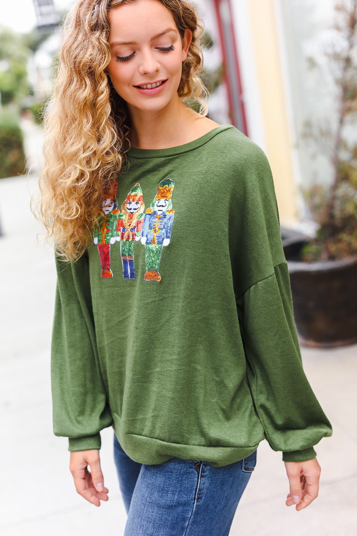 Festive Be Merry Forest Green Nutcracker Sequin Hacci Sweater Top for Christmas Party & Holiday Gatherings