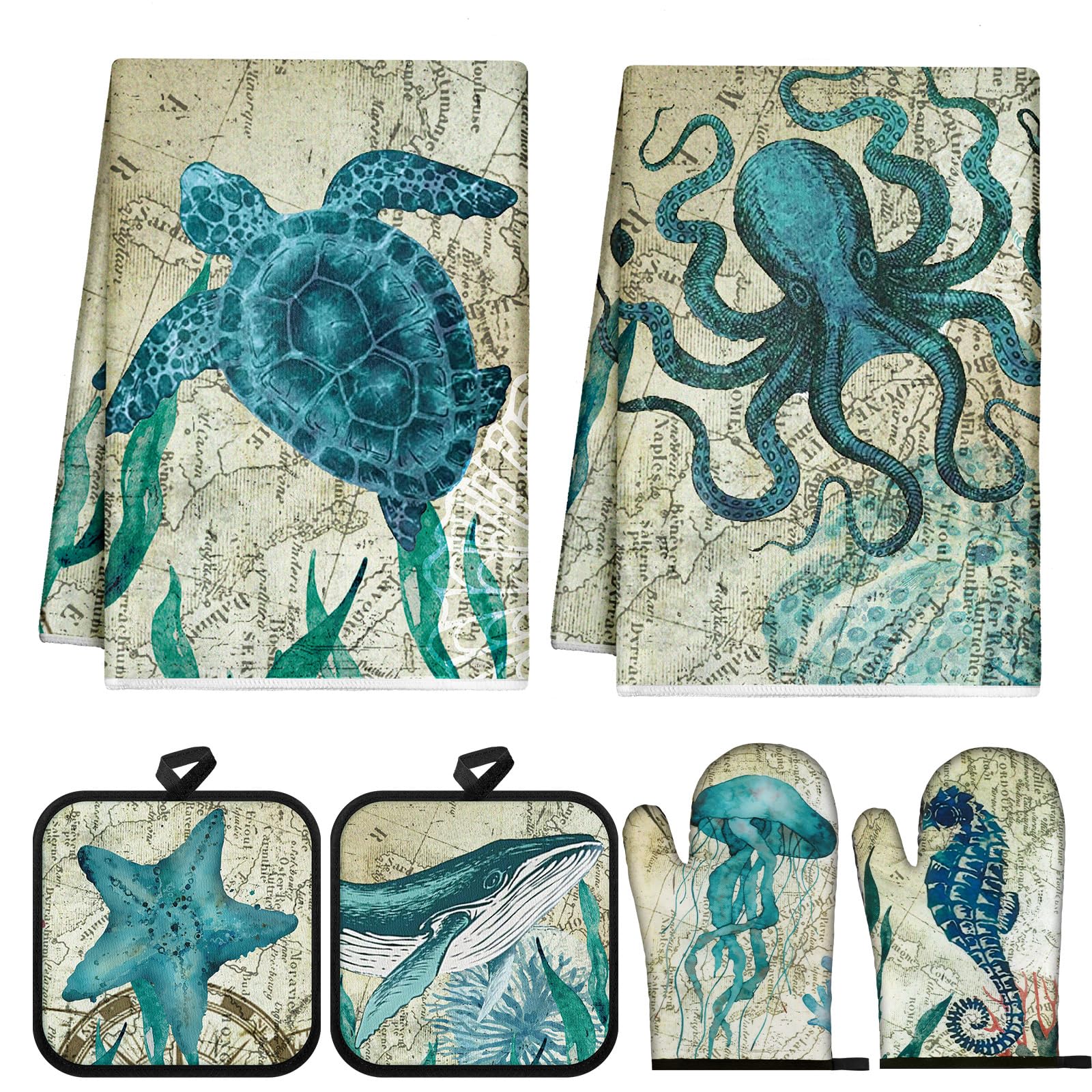 6-Piece Coastal Kitchen Towel Set - 2 Dish Towels, 2 Oven Mitts & 2 Heat Resistant Potholders - Beach Themed Ocean Animal Design for Cooking, Baking & Kitchen Decor - Perfect Housewarming Gift