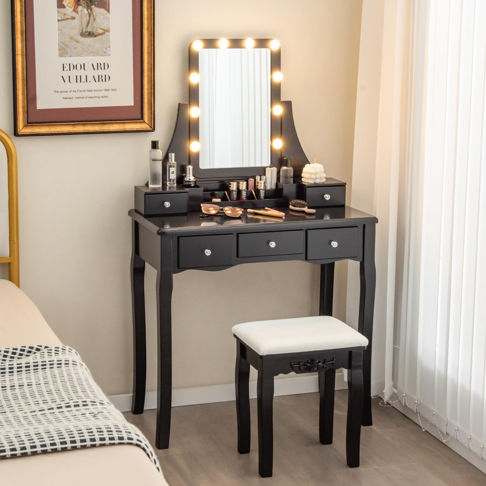 Charmaid Vanity Desk with LED Lights & Mirror - Modern Makeup Dressing Table with 5 Storage Drawers, 3-Color Lighting Modes & Adjustable Brightness - Includes Vanity Stool (Black) - Perfect for Bedroom, Dressing Room & Beauty Salon Setup