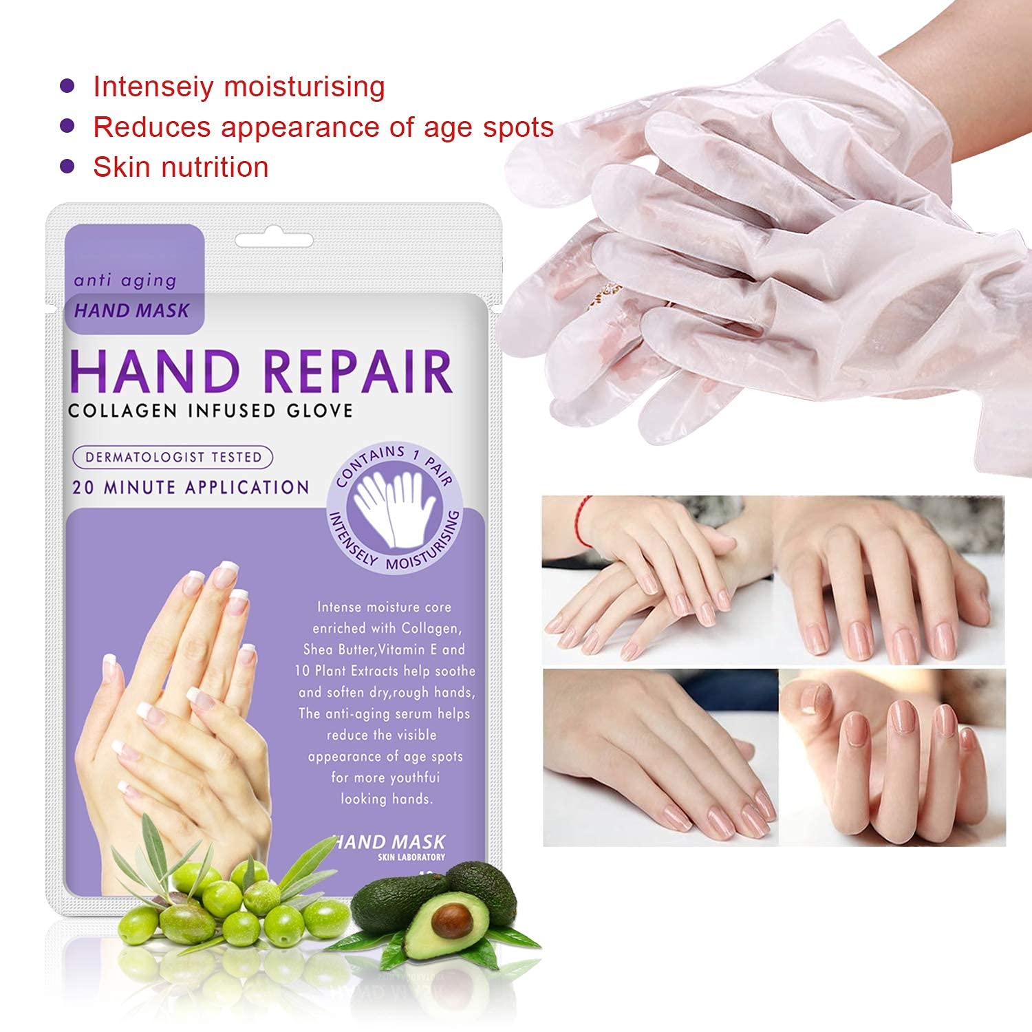 5 Pairs Moisturizing Gloves for Dry Cracked Hands - Collagen & Vitamin Infused Hand Mask with Natural Plant Extracts | Deep Hydration & Skin Repair for Aging Hands | Perfect for Overnight Treatment, Spa Days & Winter Hand Care