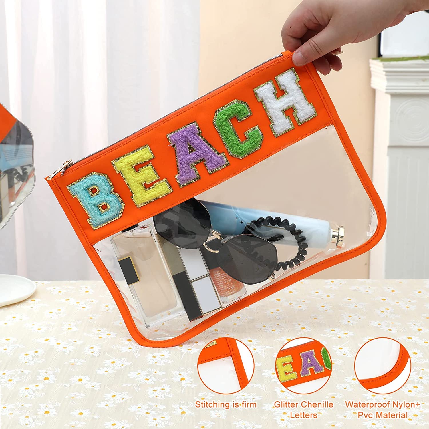 BCRMPT Chenille Letter Clear Flat Pouch - Multi-Purpose PVC & Nylon Cosmetic Bag with Zipper for Women | Waterproof Travel Makeup Organizer | Perfect for Gym, Beach, School & Daily Essentials (Tangerine-Beach)
