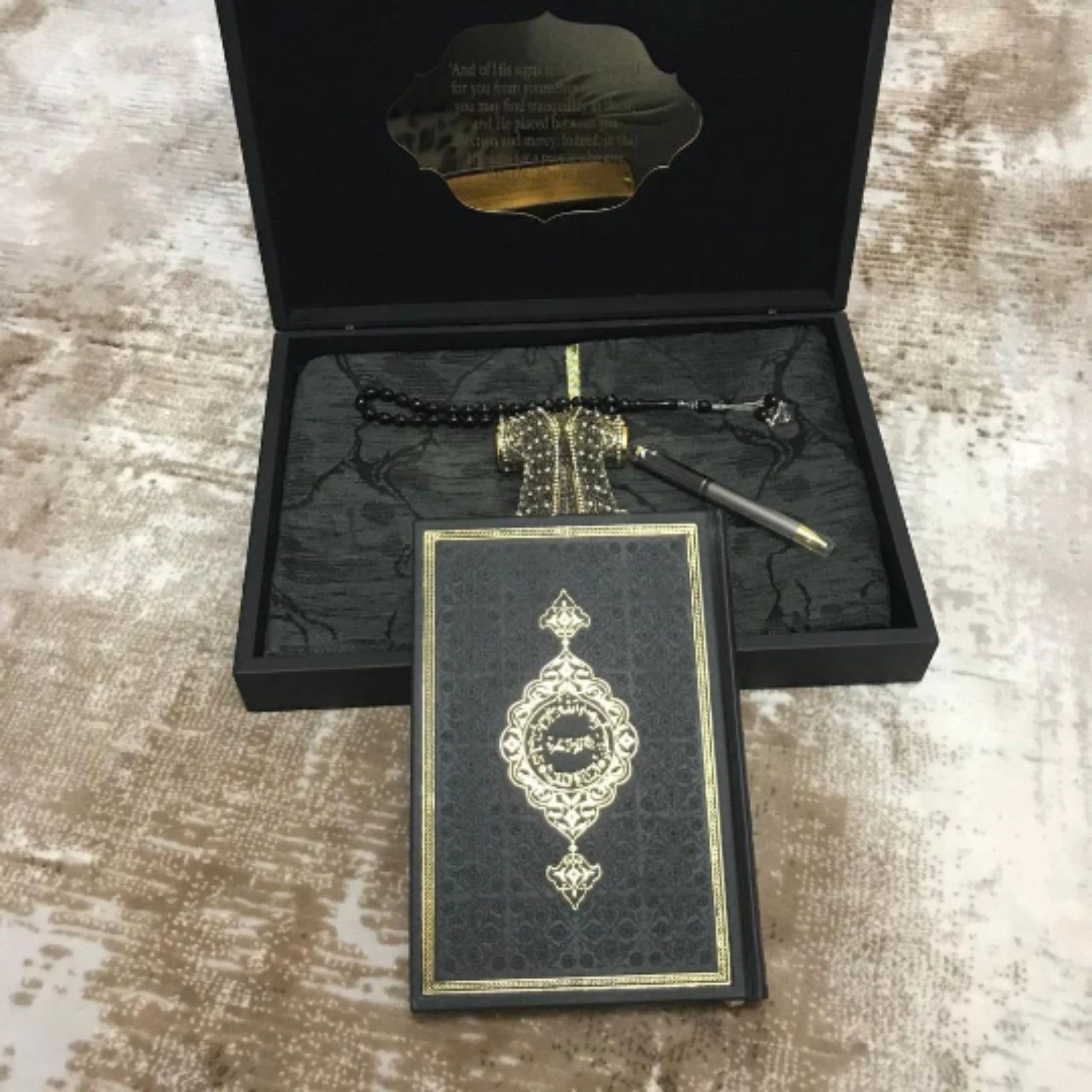 Premium Islamic Gift Set for Men - Quran, Figurine, Tasbih, Prayer Rug & Pen in Engraved Wooden Box | Muslim Birthday, Wedding, Graduation Gift Idea | Eid & Ramadan Present for Him | Perfect for Daily Prayers, Home Decor & Special Occasions