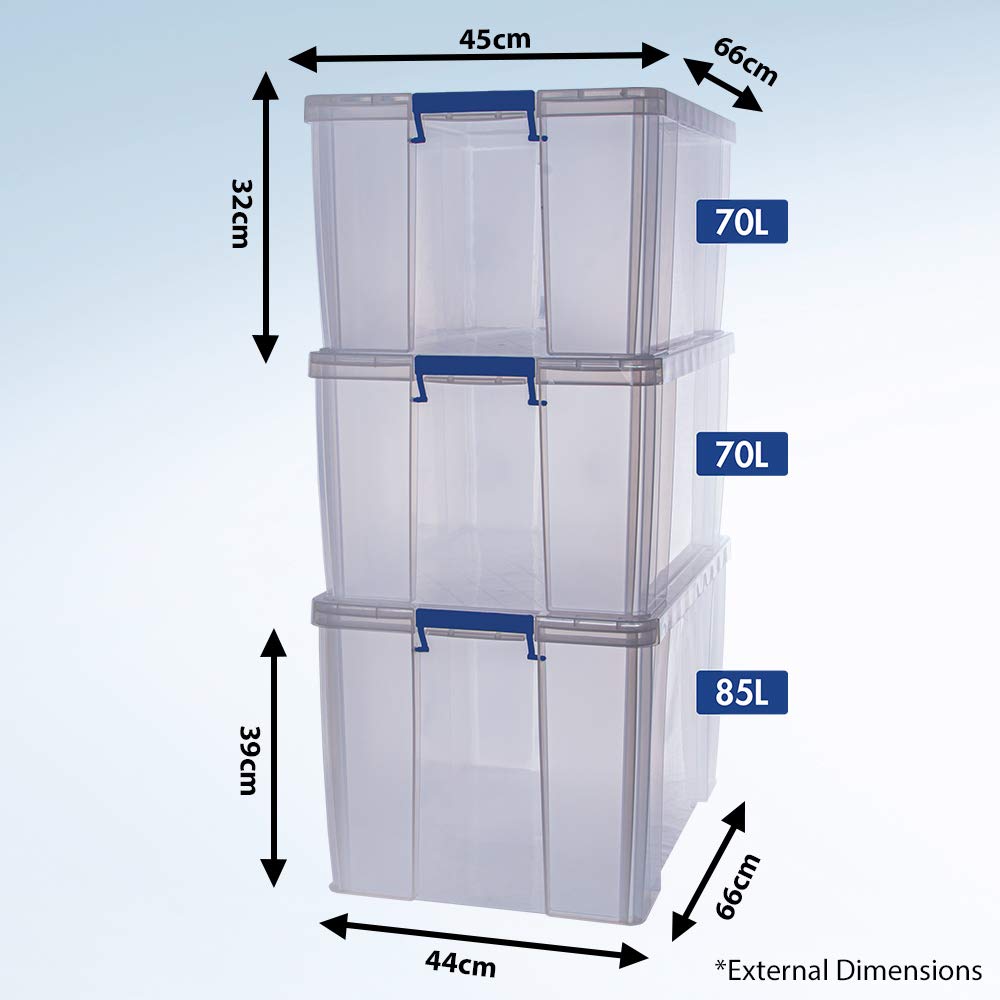 Bankers Box ProStore Clear Plastic Storage Boxes with Lids - 3-Pack (2 x 70L + 1 x 85L) | Heavy Duty Stackable Storage Containers | Made in UK | Ideal for Home Organization, Office Supplies & Garage Storage
