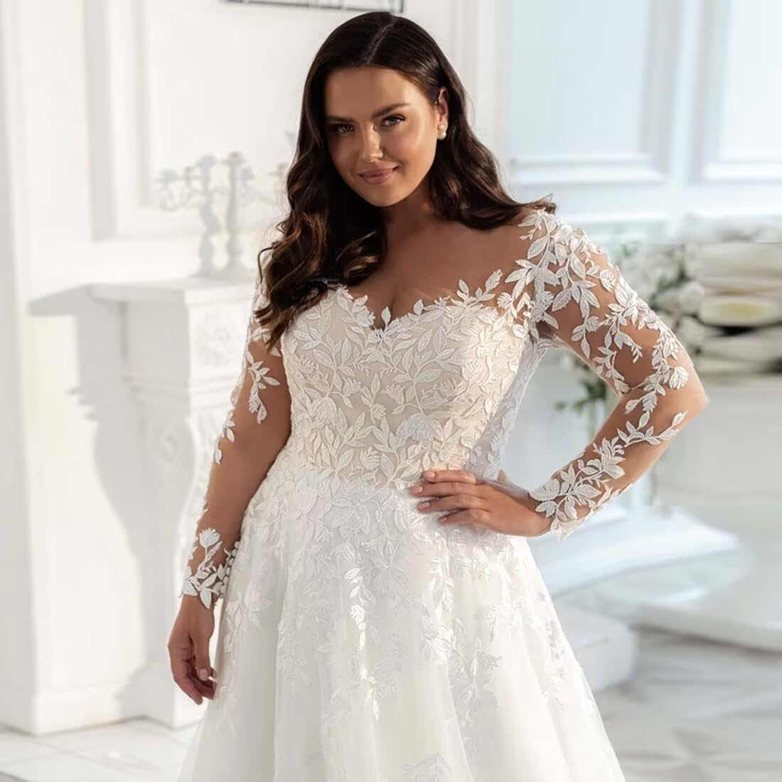 Elegant Plus Size Lace Applique Long Sleeve Wedding Dress 2025 - Button Back Bridal Gown for Women | Perfect for Church, Beach & Formal Weddings