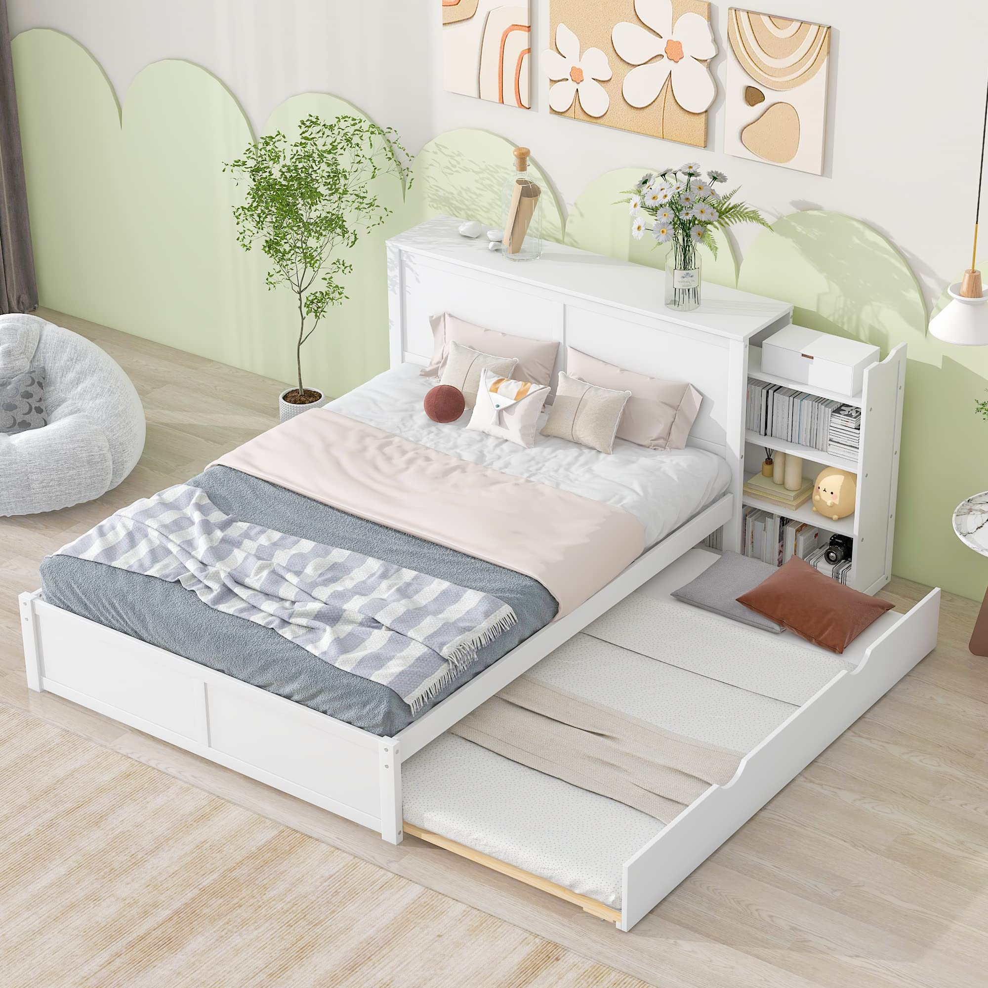 Merax Queen Size Storage Platform Bed with Pull Out Shelves & Twin Trundle - Space-Saving Bedroom Furniture for Small Apartments & Guest Rooms