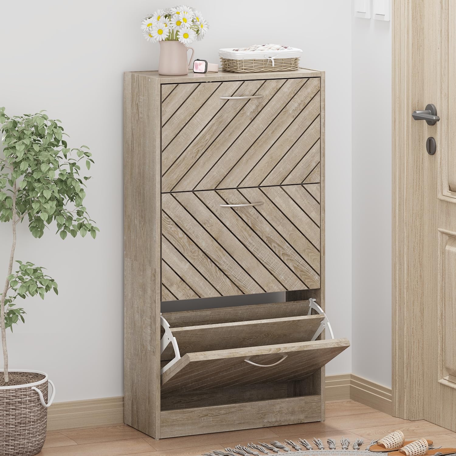 Slim Shoe Cabinet with 3 Drawers - Wooden Entryway Organizer for Small Spaces