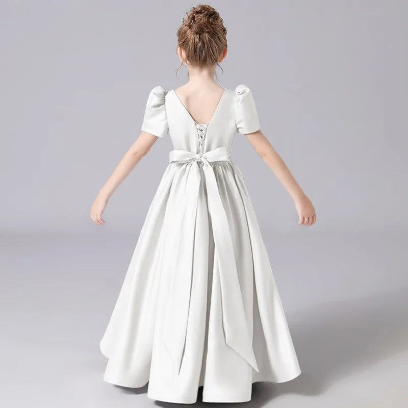 Elegant Lace-Up Flower Girl Dress for Pageants - Soft Satin Girls Gown for Weddings, Baptisms & Special Occasions