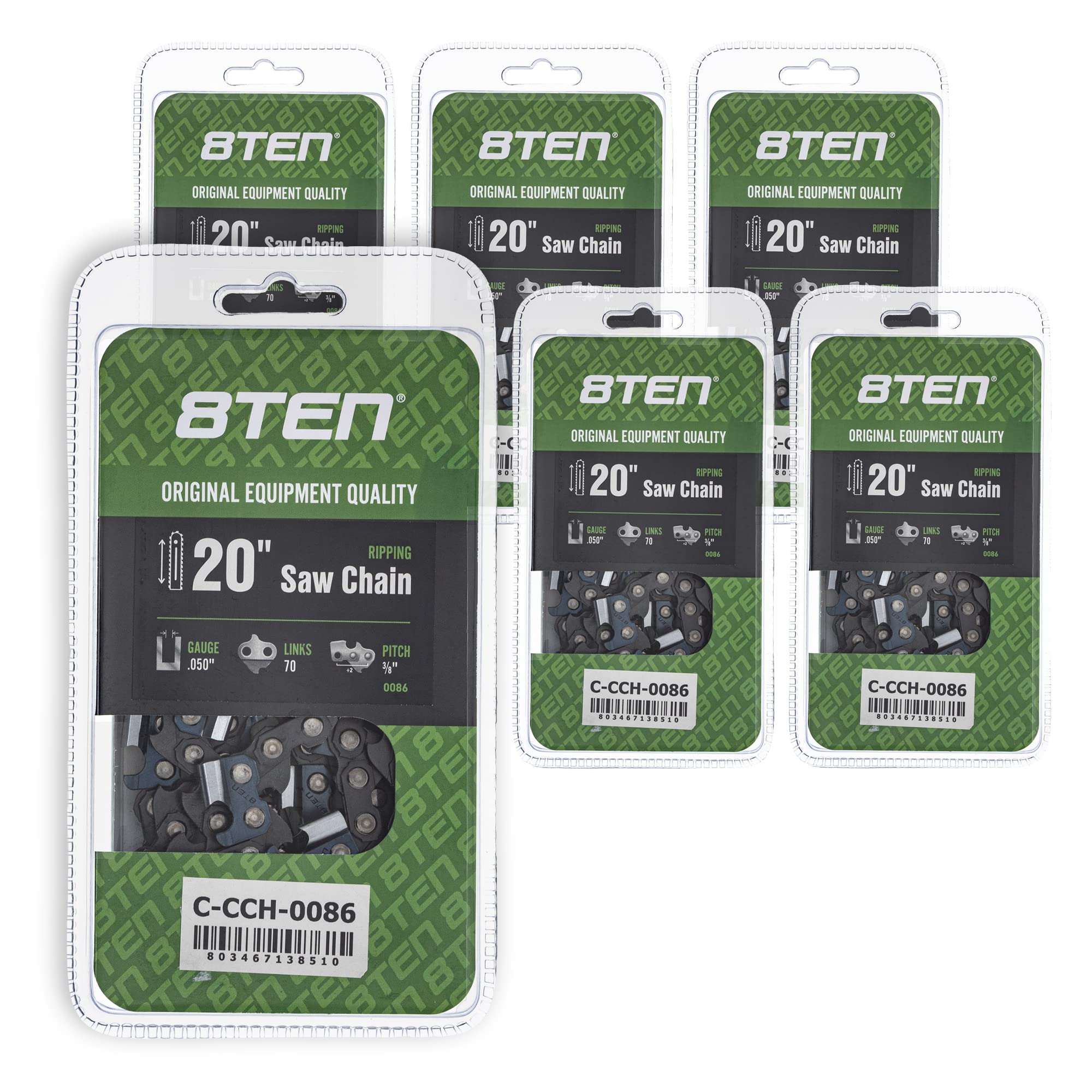 8TEN 20-Inch Ripping Chainsaw Chain .050 Gauge 3/8 Pitch 70DL - Compatible with Echo CS-590, Poulan PP5020AV, Jonsered 2063, Makita DCS510 (6-Pack) - Perfect for Woodworking, Logging, and DIY Projects