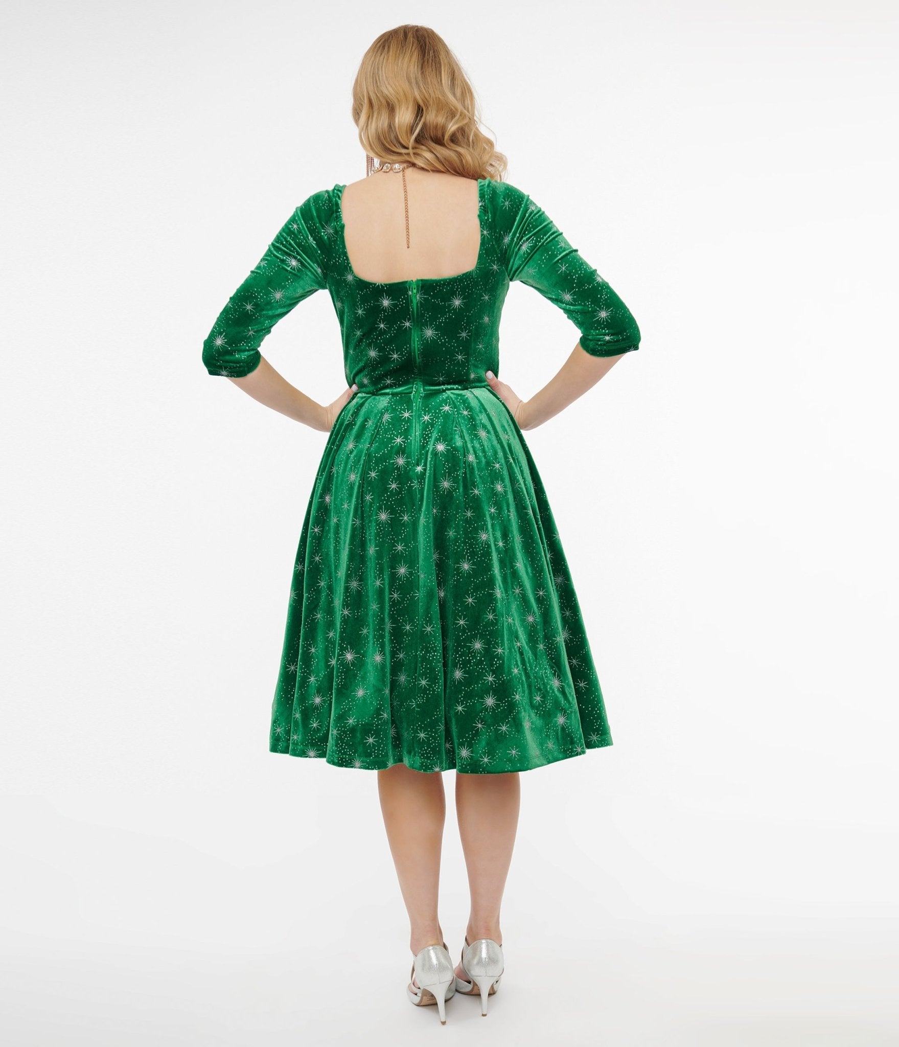Vintage 1950s Green & Silver Snowflake Velvet Swing Dress - Retro Holiday Party Outfit for Christmas, New Year's Eve & Winter Formal Events