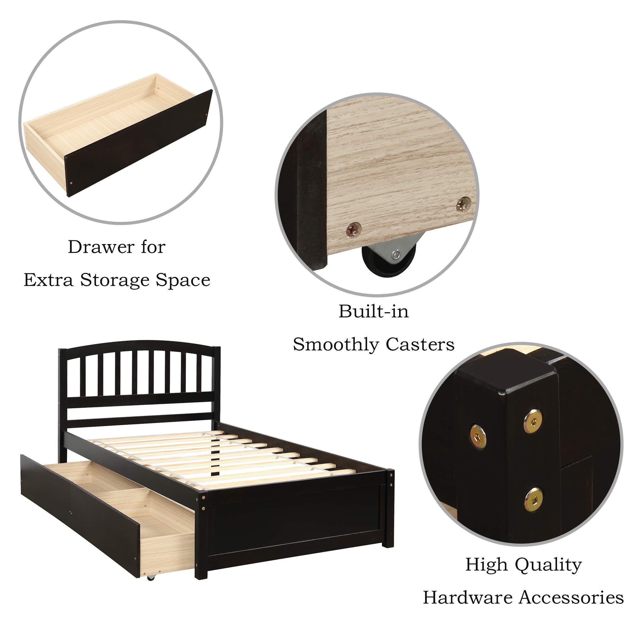 Merax Twin Size Solid Wood Platform Bed Frame with 2 Storage Drawers & Headboard - Espresso Finish | Perfect for Small Bedrooms, Guest Rooms & Kids' Rooms