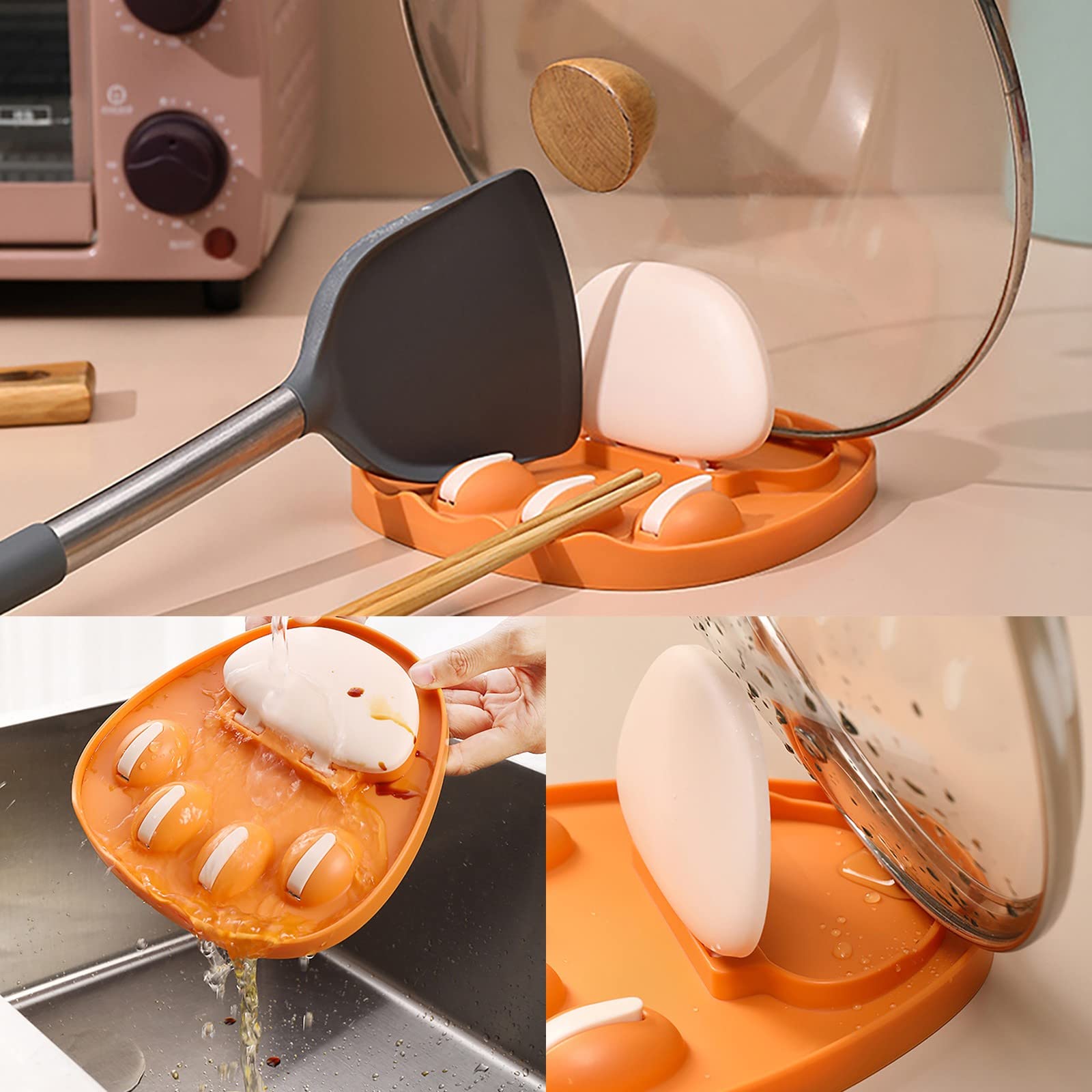 Self-Adhesive Removable Kitchen Cabinet Storage Rack - No Drill Plastic Lid Organizer for Pantry, Spice Jars & Cookware (Orange) - Perfect for Small Space Kitchen Organization & Dining Room Storage