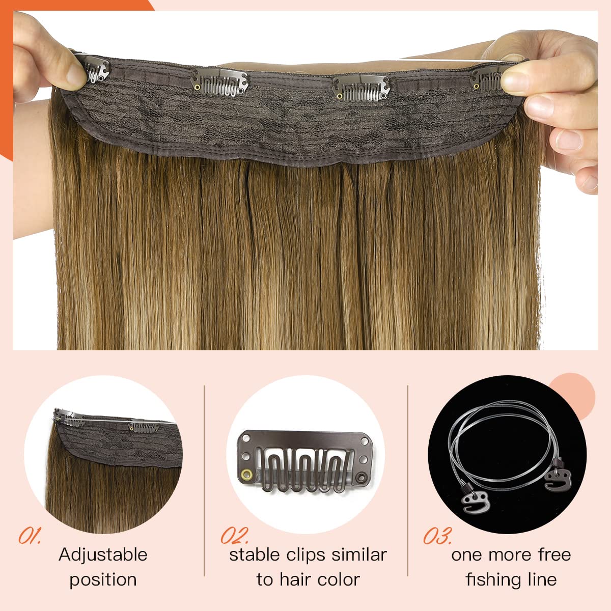XDhair 14 Inch 70g Balayage Chocolate Brown to Caramel Blonde Invisible Wire Hair Extensions - Real Human Hair Clip-Ins (#4/27) for Daily Wear, Parties & Special Occasions