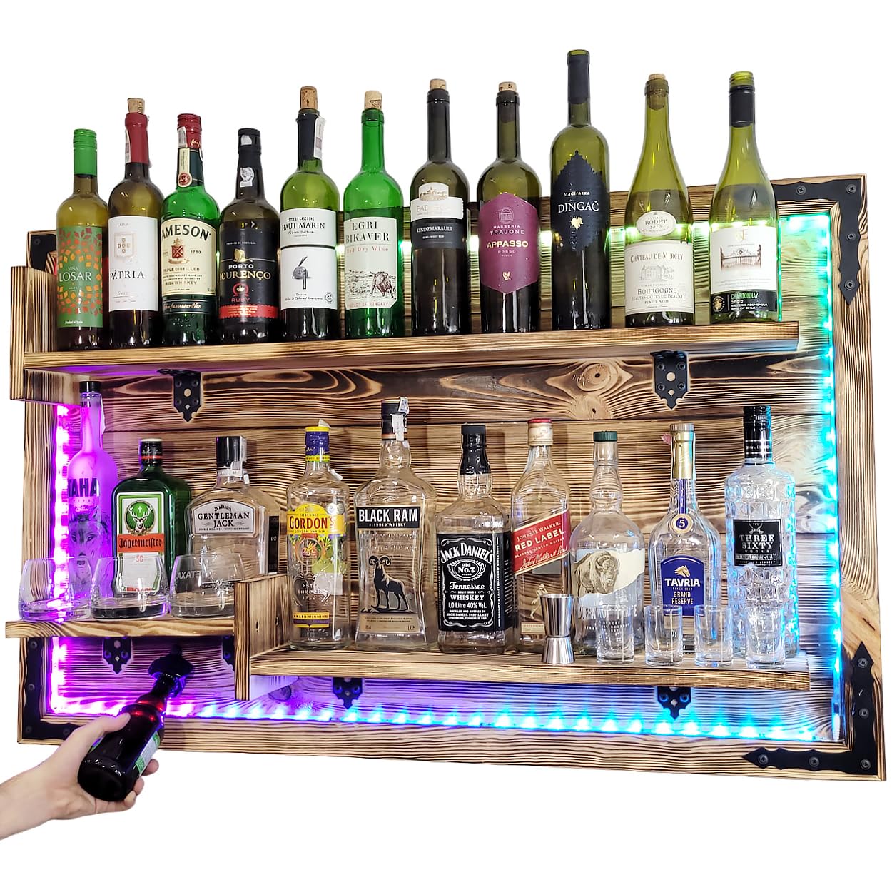 Rustic Wall-Mounted Floating Shelf in Brown Wenge - RGB LED Bar Shelf for Whiskey, Gin, Vodka Display - Perfect for Home Bar, Pub Decor & Rustic Wall Organization