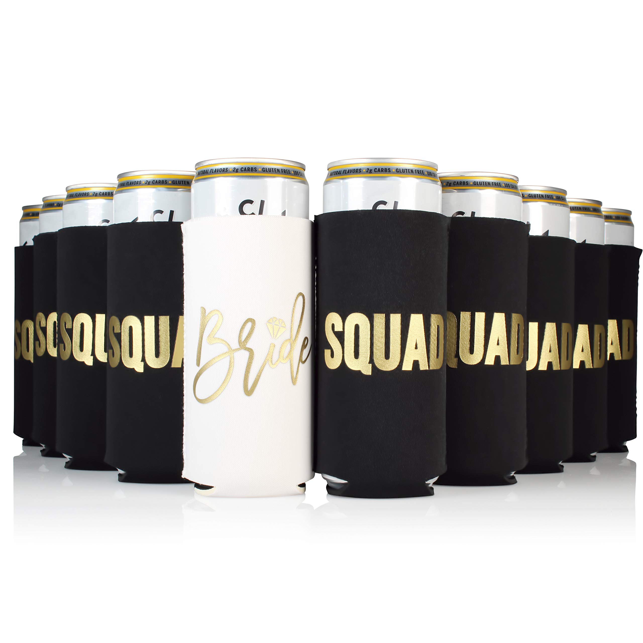 Bachelorette Party Decorations - 10 Pack Black Squad Slim Can Coolers for Bridal Showers & Girls Night Out