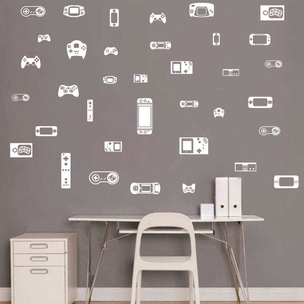 Kids Gaming Wall Decals - Removable Vinyl Gamepad & Console Stickers for Boys Bedroom Decor, Video Game Themed Room Art (White) AM108 - Perfect for Gamer Kids' Rooms, Playrooms & Teen Gaming Setups