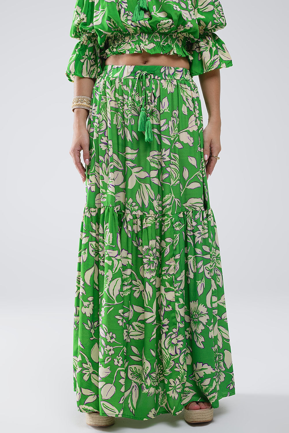 Floral Print Green Wrap Maxi Skirt with Pockets - Women's Boho Summer Skirt for Beach, Vacation & Casual Outfits