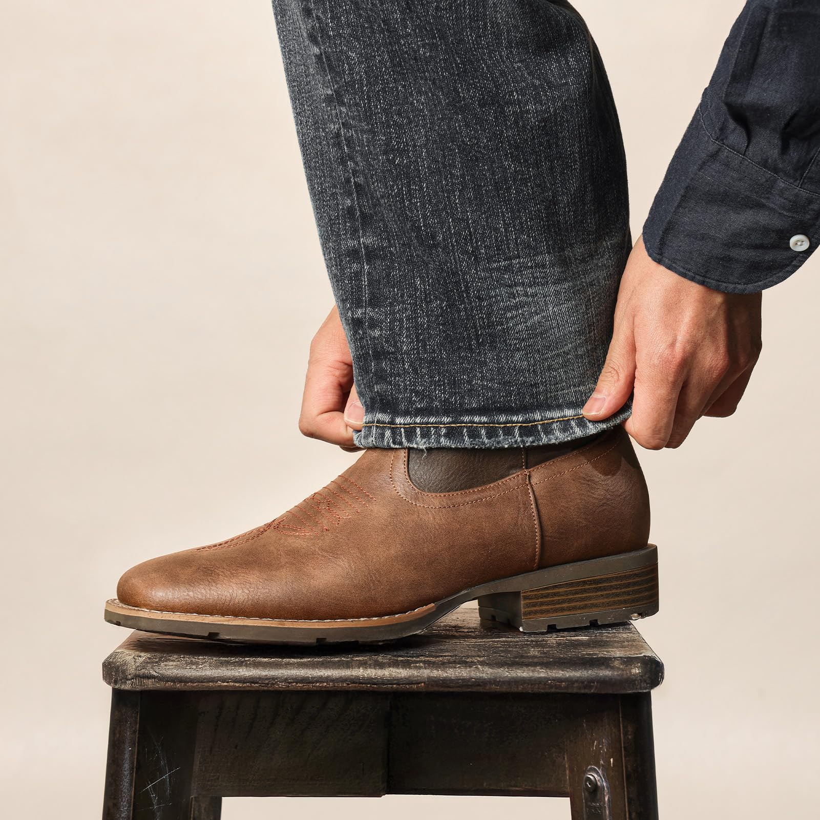 Lumeheel Men's Western Cowboy Boots - Classic Embroidered Square Toe Slip-On Boots with Slip-Resistant Sole & Chunky Heel | Durable Ankle Boots for Spring & Fall | Perfect for Country Dancing, Rodeo Events & Casual Wear