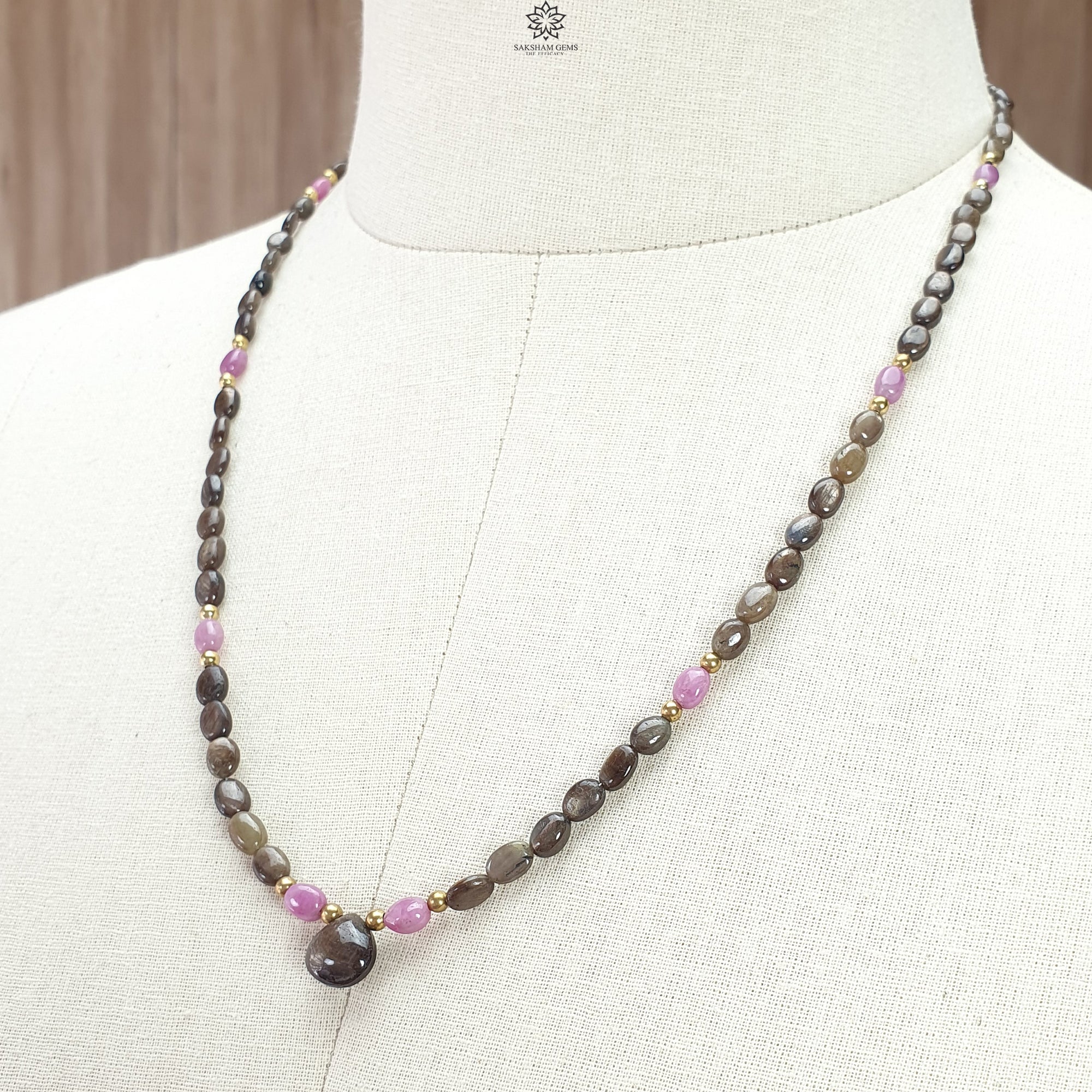 Golden & Pink Sapphire Oval Plain Brass Necklace - 18.04gms, 5x4mm, 7x5mm, 10mm (Approx 21