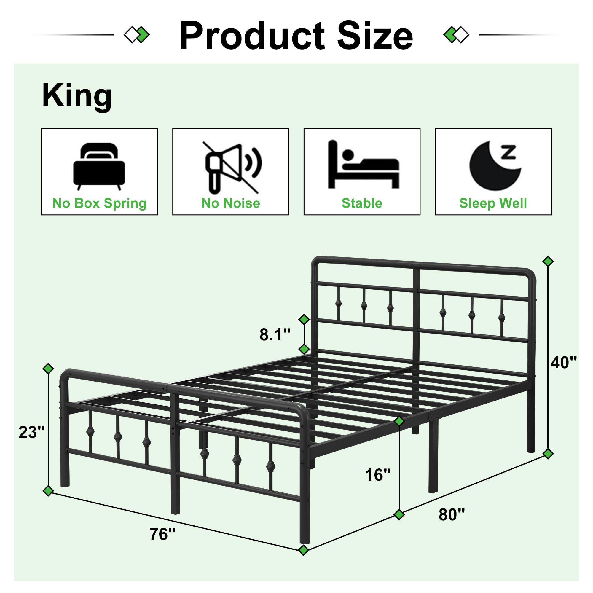 EMODA 16 Inch King Bed Frame with Headboard & Footboard - Heavy Duty Metal Platform Bed Frame, No Box Spring Needed, Easy Assembly - Perfect for Master Bedrooms & Guest Rooms
