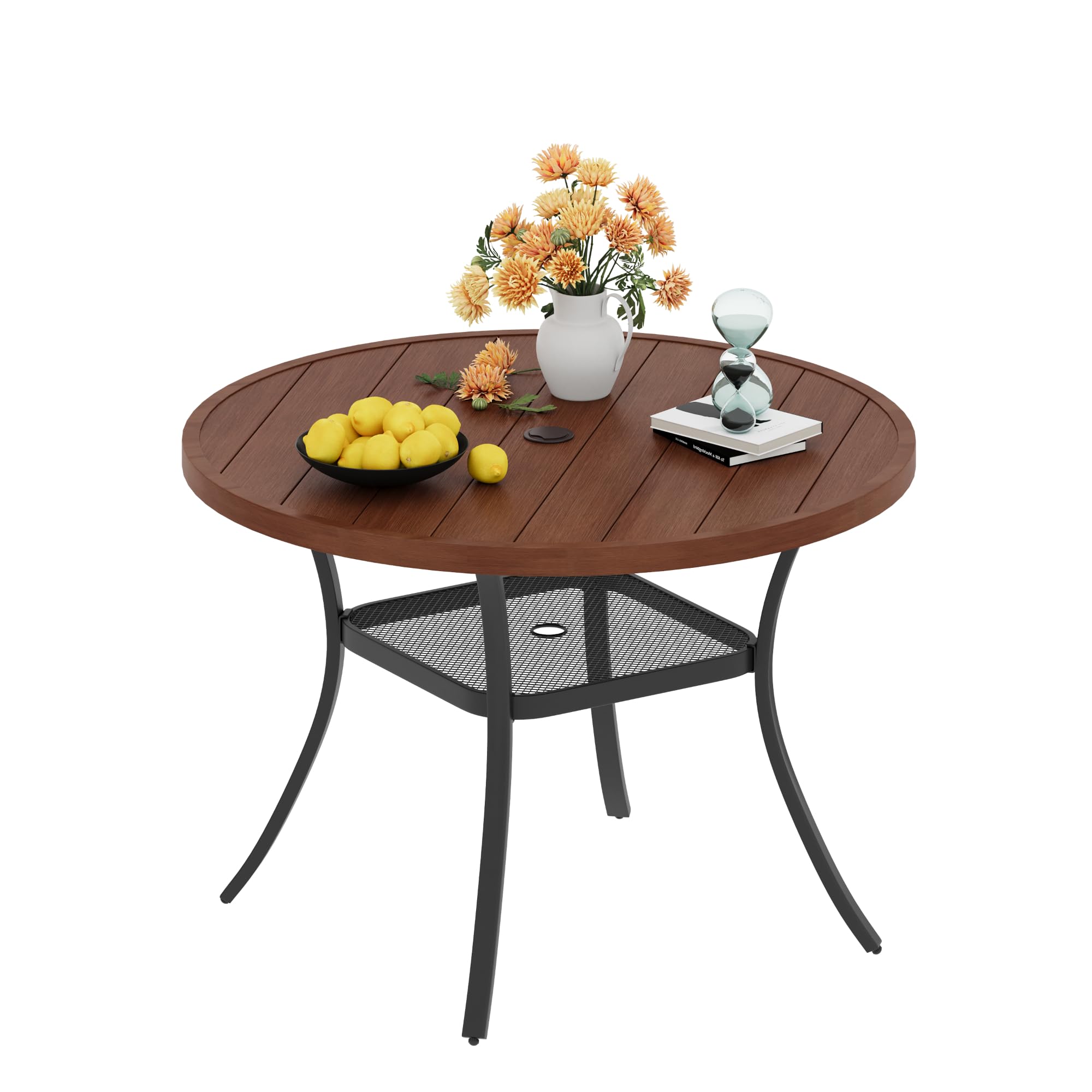 VICLLAX 40.6 Inch Round Metal Outdoor Dining Table for 4 People - Patio Table with Umbrella Hole & Storage Shelf - Weather-Resistant Garden, Lawn, Deck Furniture (Walnut Finish) - Perfect for Backyard BBQs, Poolside Dining, and Outdoor Entertaining