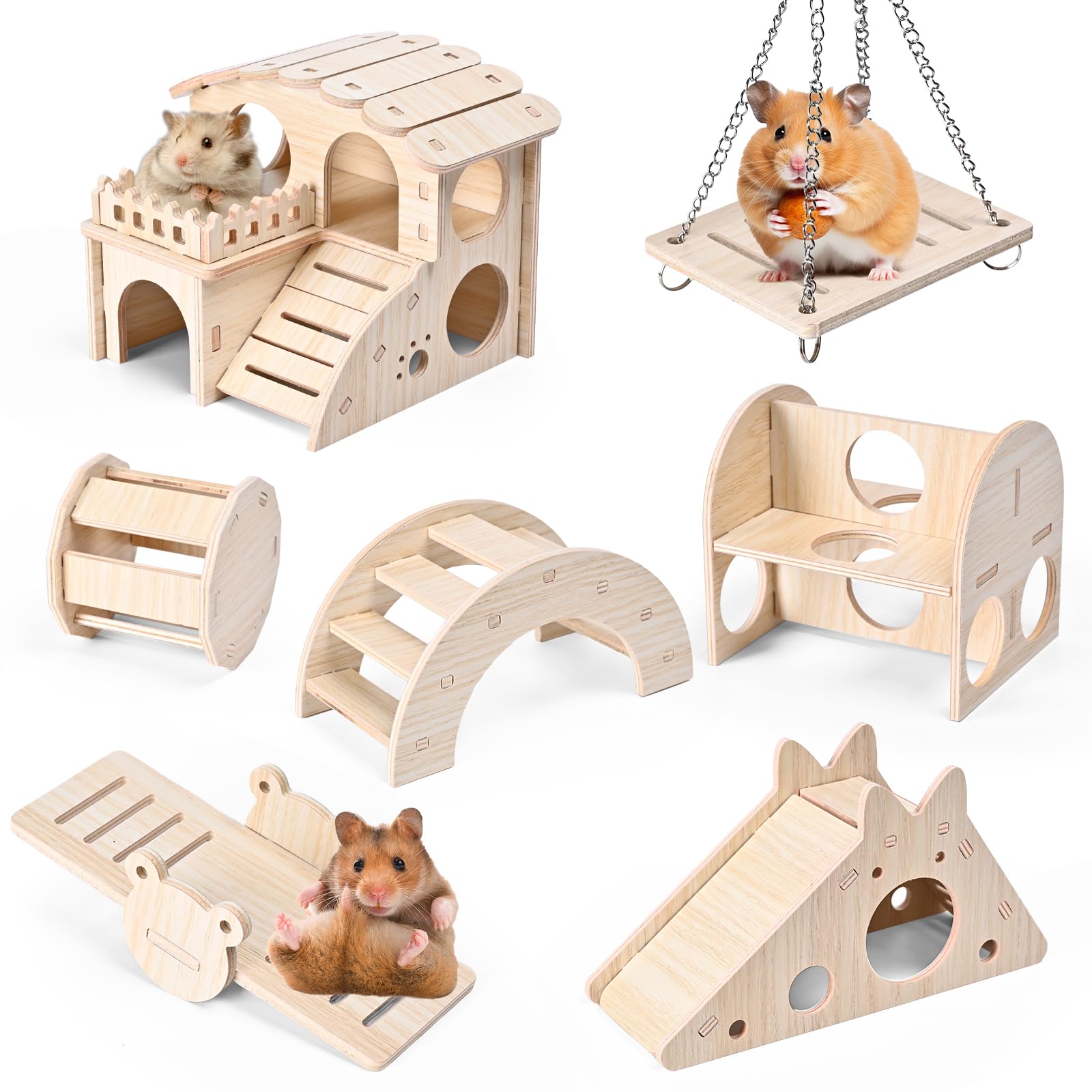 7pcs Wooden Hamster Cage Accessories Set - Hamster House, Exercise Ball, Seesaw Bridge, Hideout & Swing Toys for Hamsters, Guinea Pigs & Small Pets | Perfect for Cage Enrichment & Playtime Activities