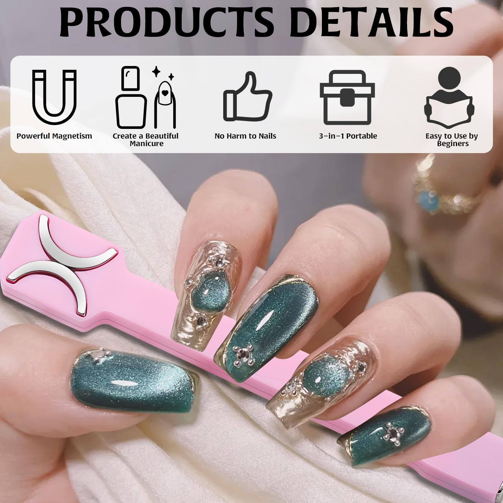 3 in 1 Cat Eye Nail Magnet Tool - Double-Head Strong Suction for 3D Nail Art, Gel Polish & DIY Designs | Professional Salon & Home Manicure Kit (Pink) | Perfect for Nail Art Enthusiasts & DIY Beauty Lovers