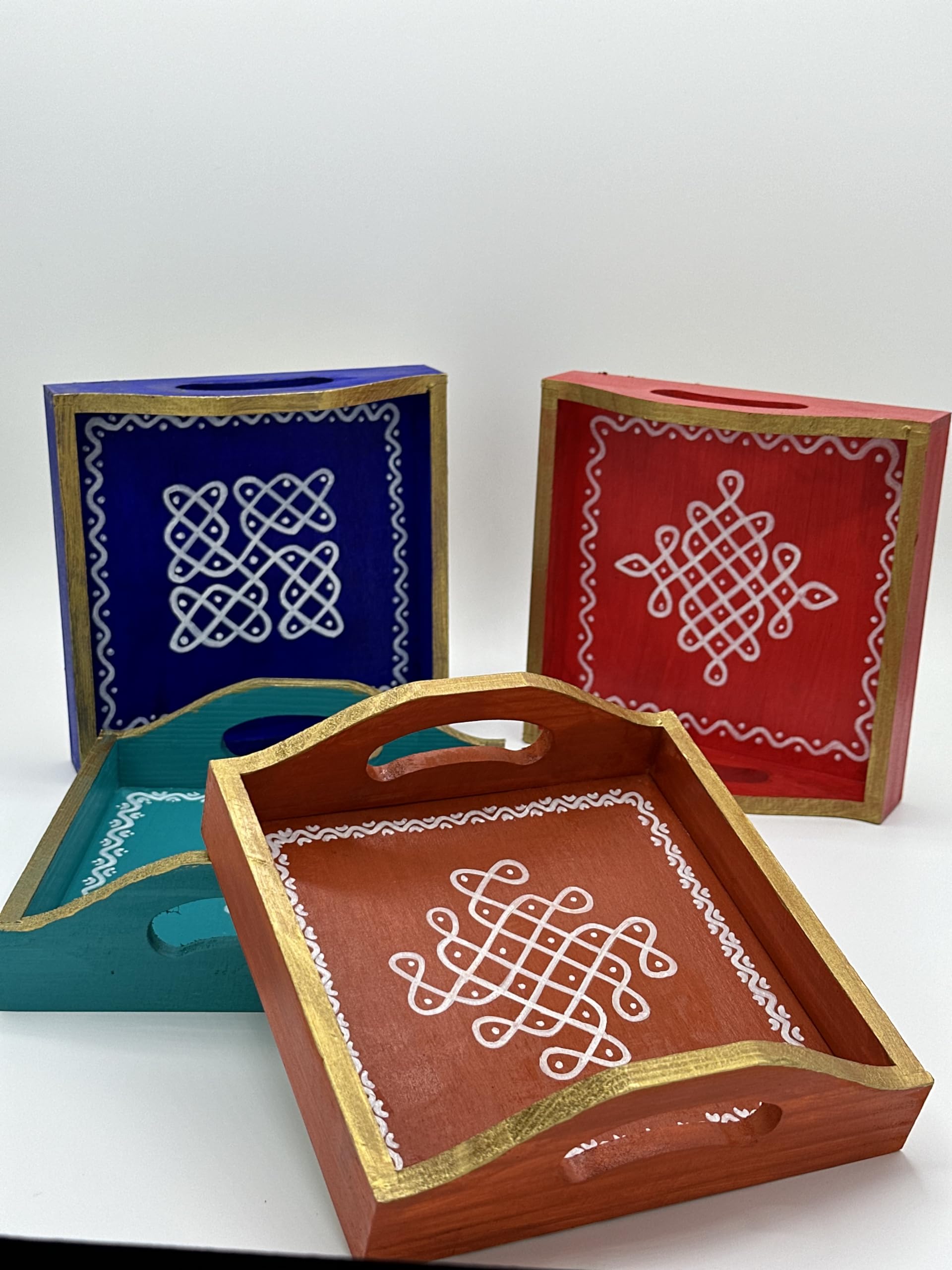 Hand Painted Indian Kolam Trays - 6x6 Inch Decorative Serving Trays for Coffee Table - Set of 8 - Perfect for Indian Housewarming, Wedding & Pooja Gifts - Ideal for Festive Decor, Tea Serving & Home Décor