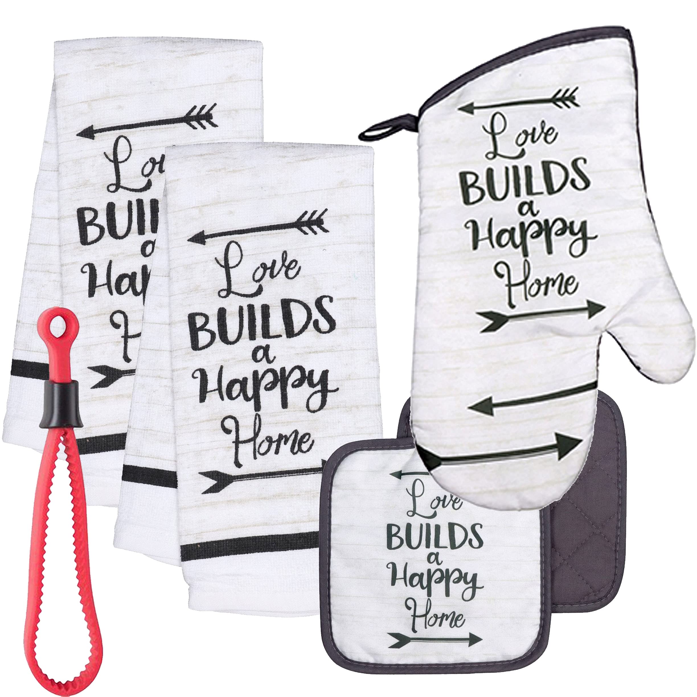 Greenbrier Love Builds a Happy Home Kitchen Linen Set - 1 Oven Mitt, 2 Pot Holders & 2 Dish Towels - Perfect for Baking, Cooking & Home Decor