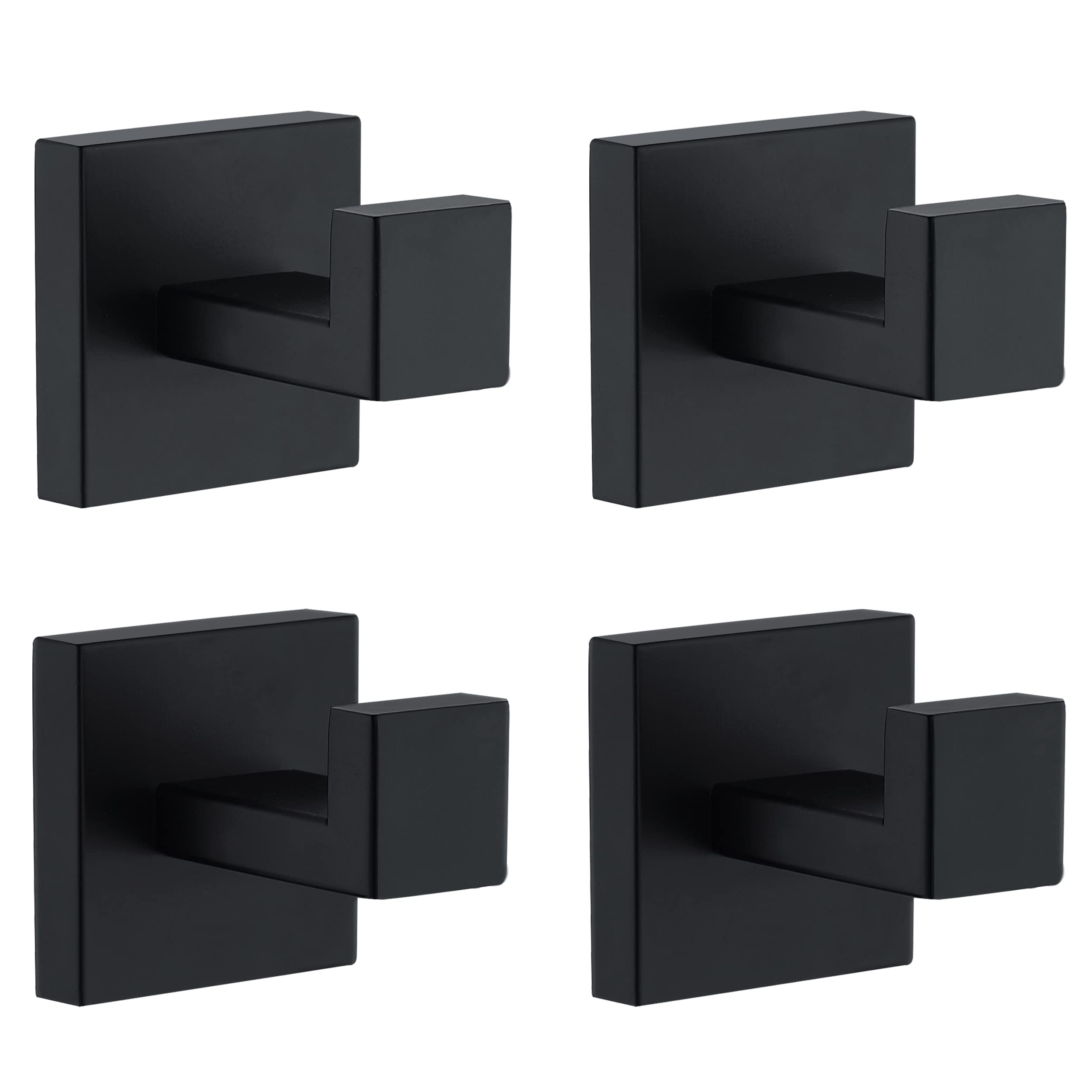Matte Black SUS304 Stainless Steel Towel Hooks - Heavy Duty Square Wall Mount Coat & Robe Hooks for Bathroom, Kitchen (4 Pack) - Perfect for Hanging Towels, Coats, Sponges & Bathrobes