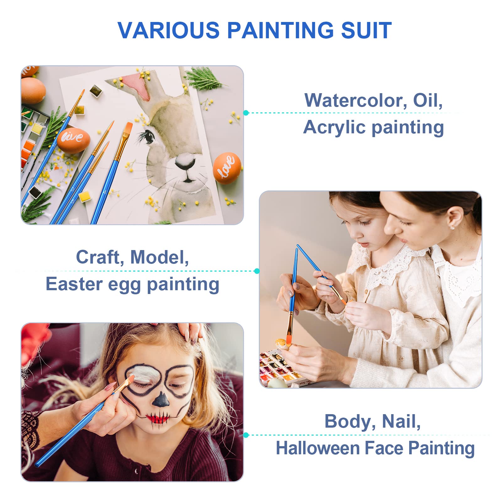 Heartybay 10Pcs Professional Paint Brush Set - Acrylic, Watercolor & Face Painting Brushes for Kids & Adults - Round Pointed Tip Detail Small Brushes for Easter Eggs, Halloween Makeup & Art Projects