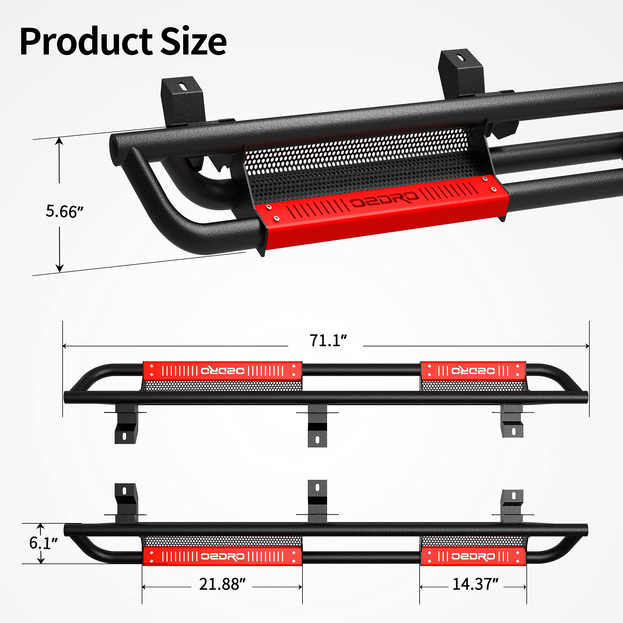 oEdRo Heavy Duty All Steel Running Boards with Non-Slip Paintable Step Plates | Bolt-on Side Steps for 2021-2024 Jeep Wrangler 4XE | Black & Red Powder Coated Nerf Bars | Perfect for Off-Roading & Daily Driving