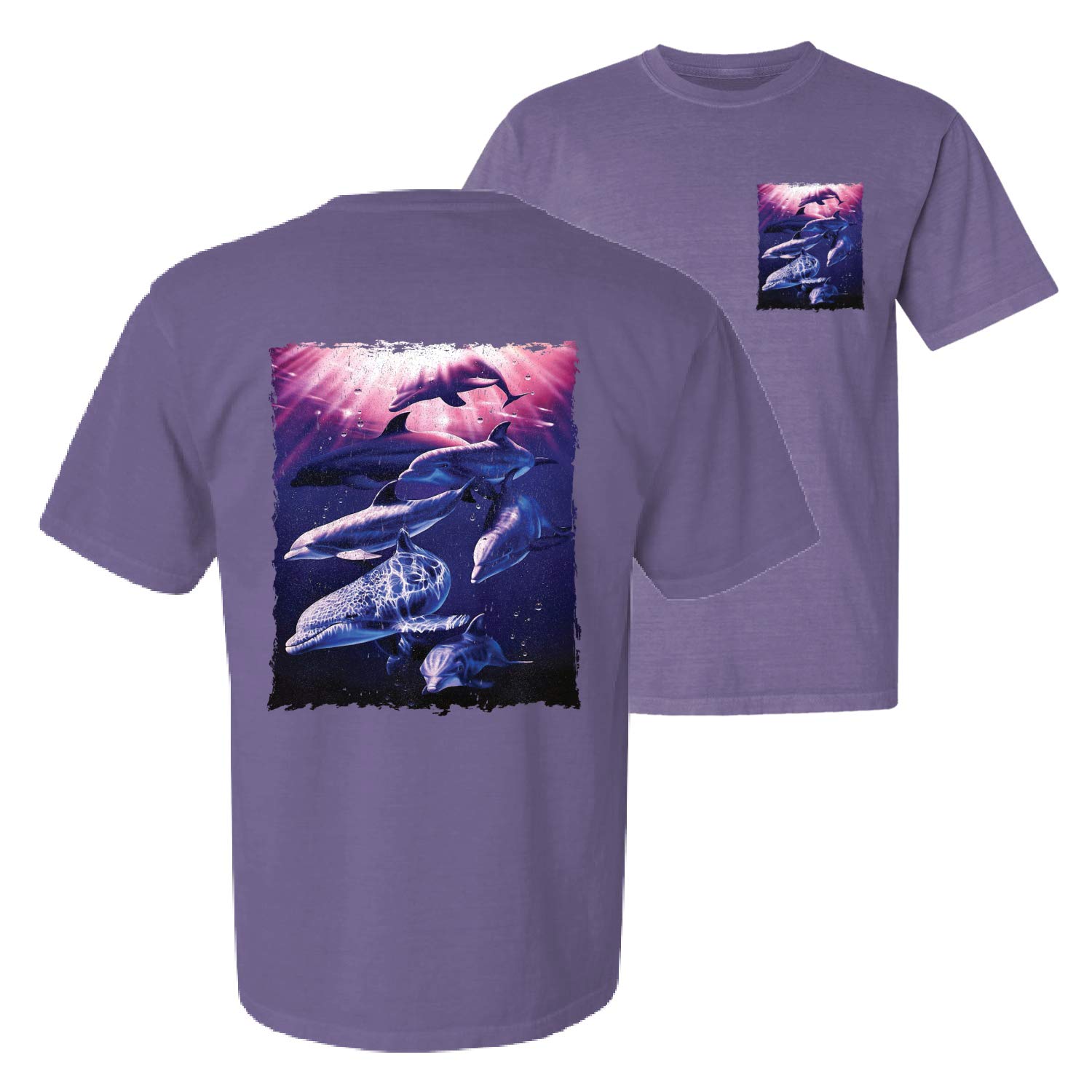 Whale and Dolphin Print Short Sleeve T-Shirt - Nautical Animal Lover Graphic Tee - Front & Back Garment-Dyed Cotton Shirt for Beach Vacation, Marine Wildlife Enthusiasts