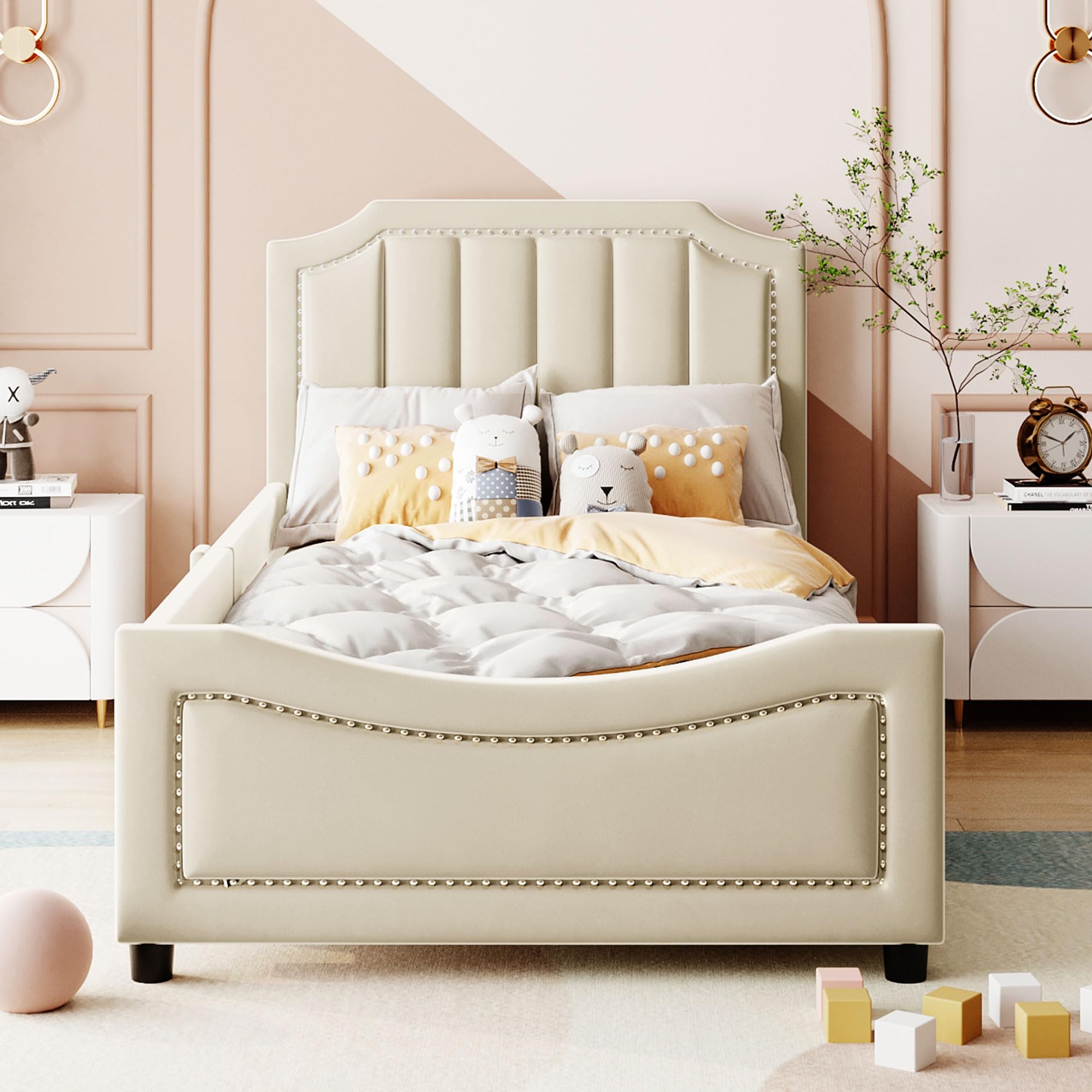 Harper & Bright Designs Velvet Upholstered Twin Daybed Frame for Kids - Classic Stripe Headboard, Sturdy Wood Construction, Beige | Perfect for Children's Bedroom, Guest Room, or Playroom Decor