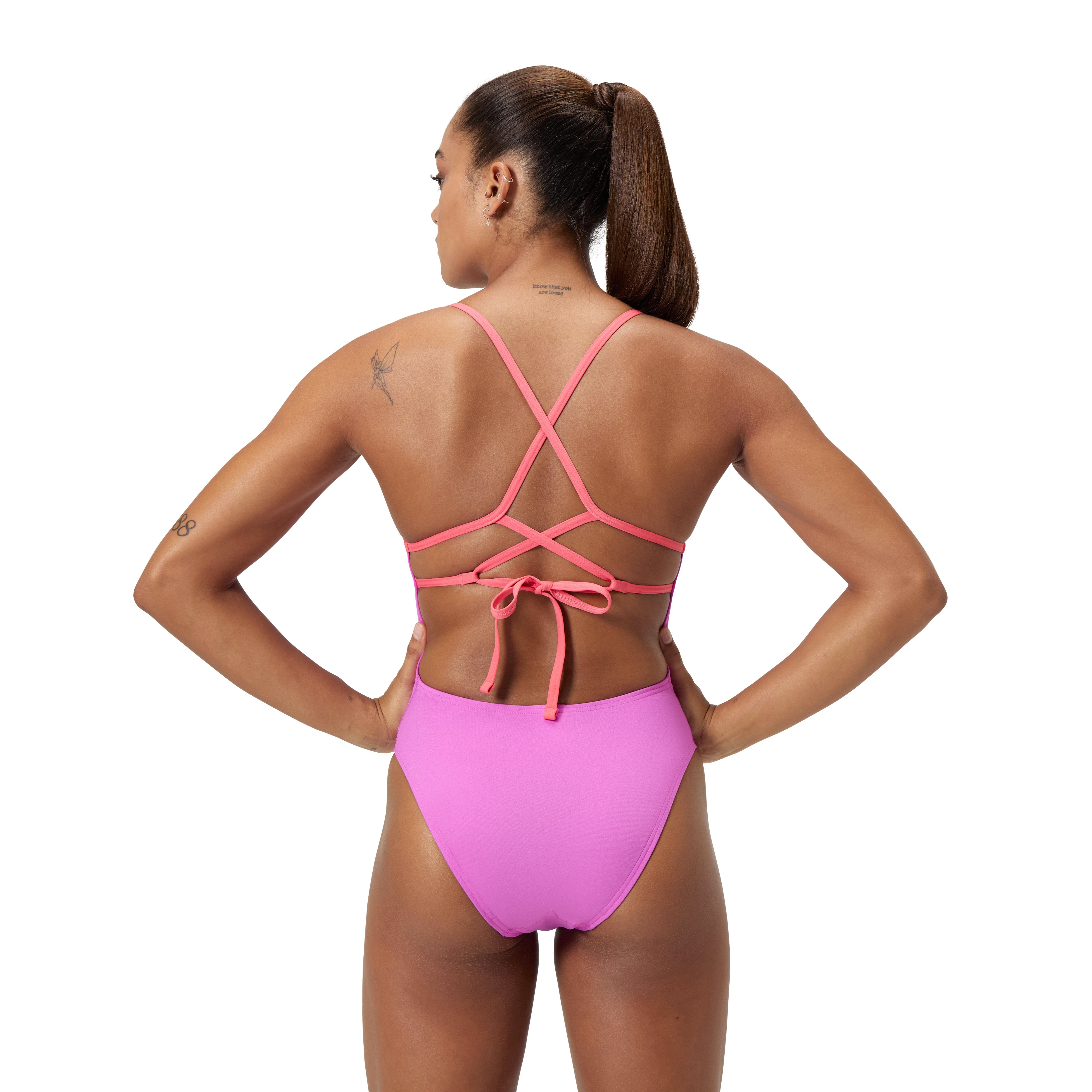 Speedo Women's Solid Lattice Tie Back One Piece Swimsuit - Neon Violet | Comfortable & Stylish for Swimming, Beach & Pool Activities