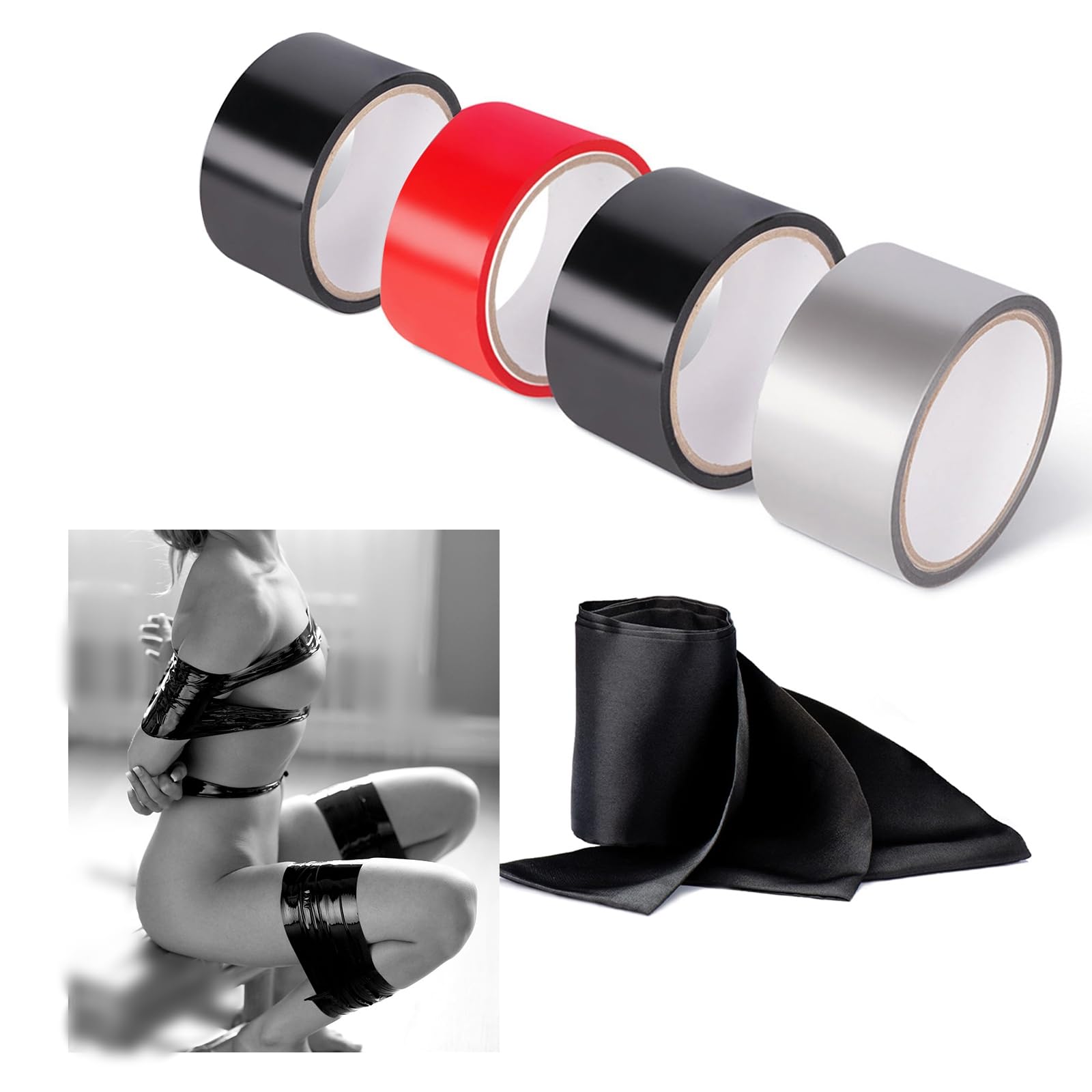 BDSM Bondage Tape Restraints Set - 4 Rolls of Sex Tape with Wrist & Thigh Cuffs, Blindfold for Couples - Perfect for Bedroom Play, Spicing Up Relationships, and Adult Fantasy Exploration