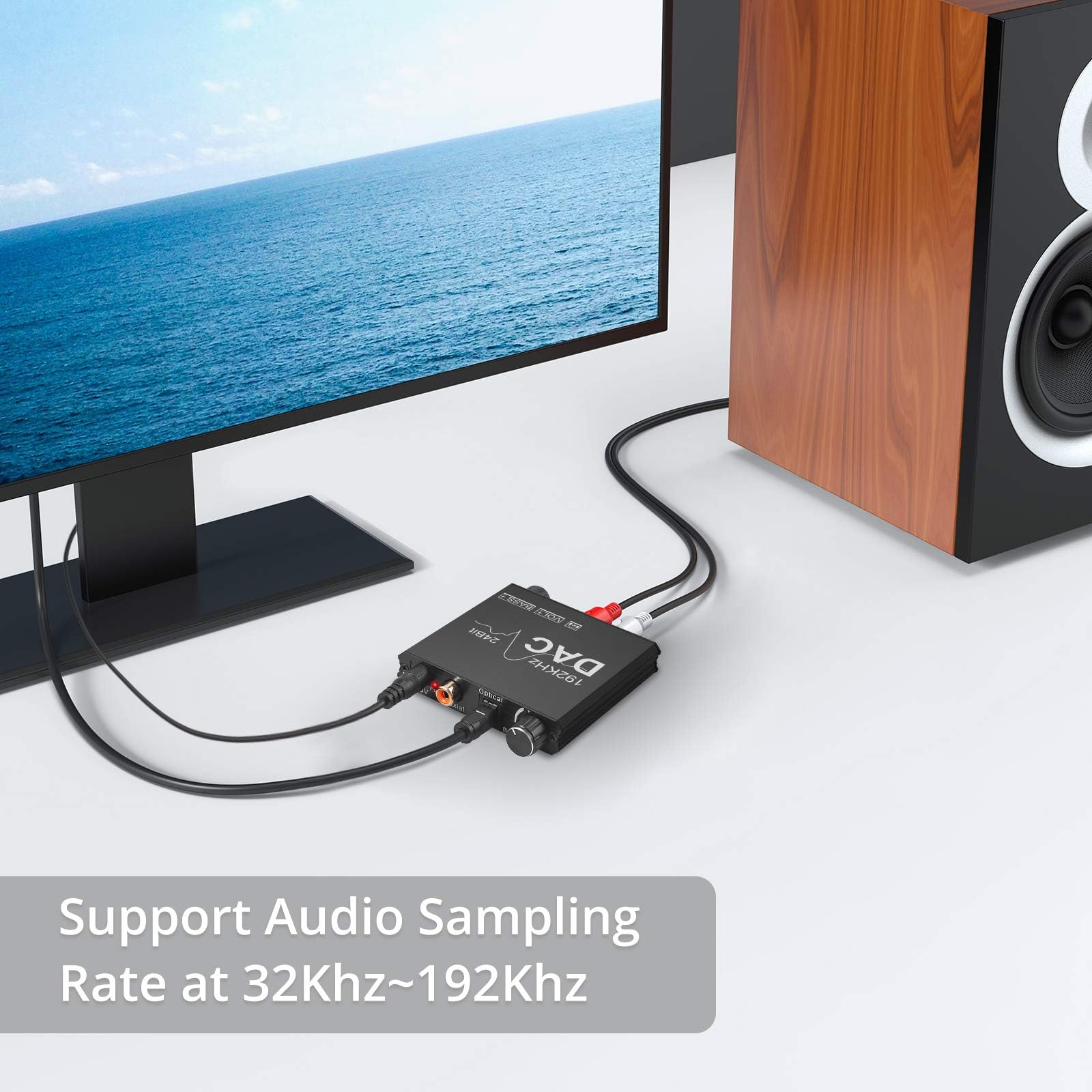 CAMWAY 192kHz Digital to Analog Audio Converter with Bass Adjustment - DAC Converter with Volume Control, Toslink/Coaxial/Optical to RCA & 3.5mm Headphone Jack - Anti-Interference Audio Adapter for Home Theater, Gaming, Hi-Fi Systems & Studio Monitors