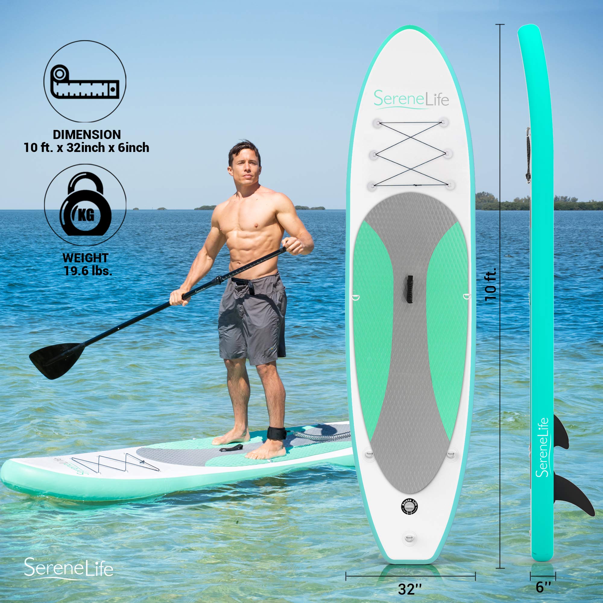 SereneLife Inflatable Stand Up Paddle Board - Ultra Stable SUP for Adults & Kids with Non-Slip Deck, Premium Paddle Board Accessories, Carry Bag, Dual Action Pump, Paddle & Ankle Leash - Perfect for Lakes, Rivers & Ocean Recreation