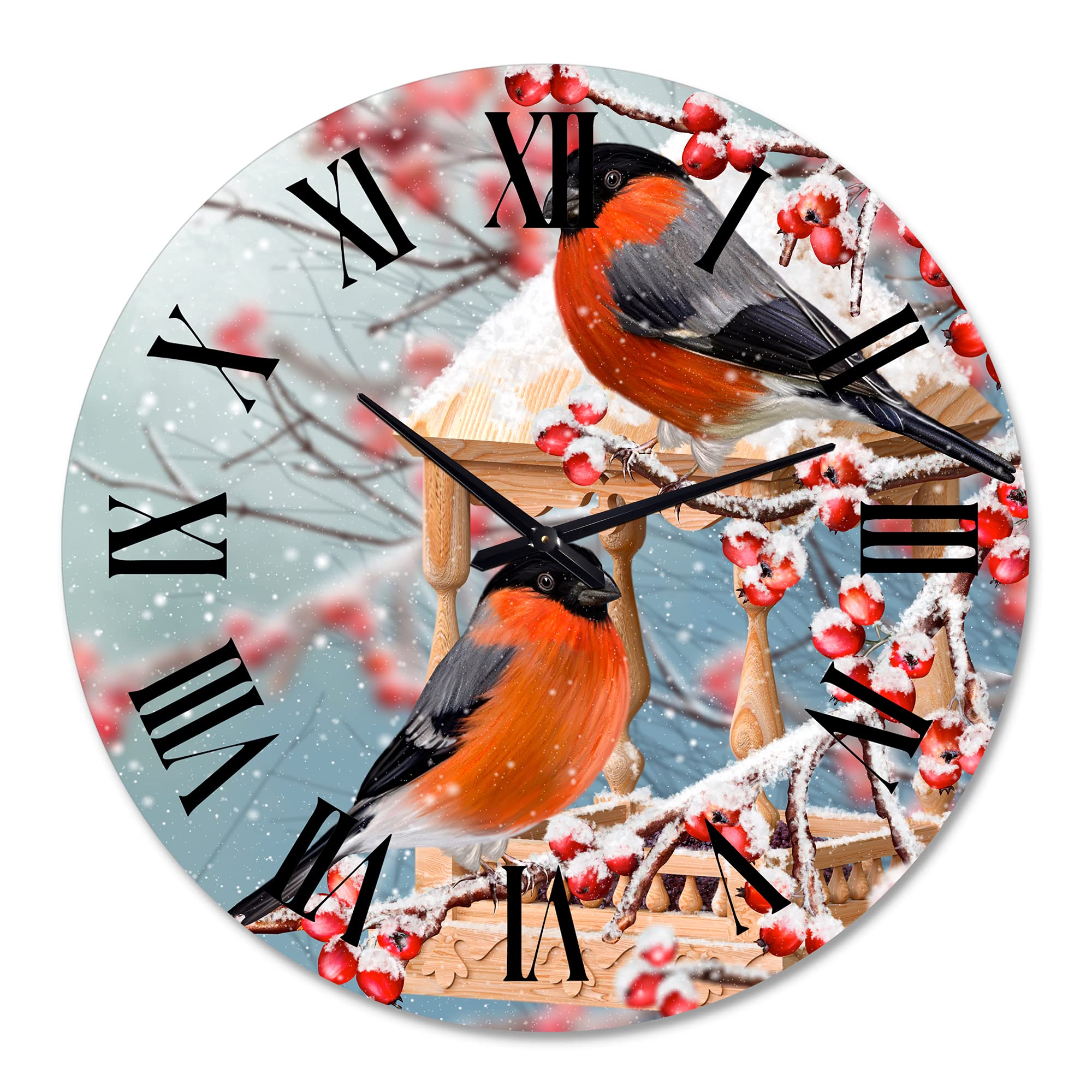 DesignQ Traditional Large Wall Clock - Snowy Branch with Two Birds, Perfect for Kitchen, Living Room & Home Decor | Silent Non-Ticking Modern Clock