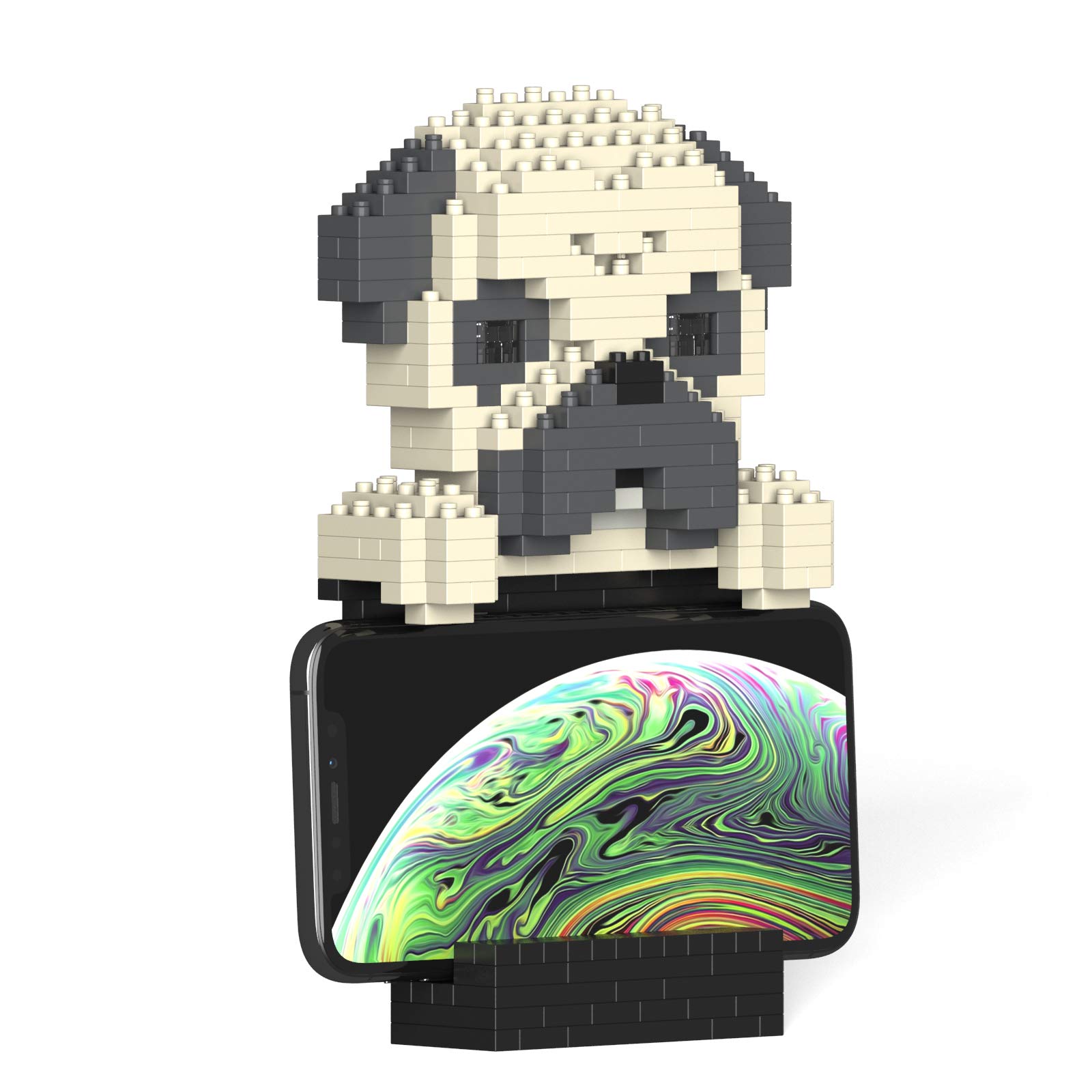 JEKCA Pug Dog Phone Stand - Plastic Building Blocks Toy for Teens & Adults 14+ | Creative DIY Desk Organizer for Home & Office Accessories