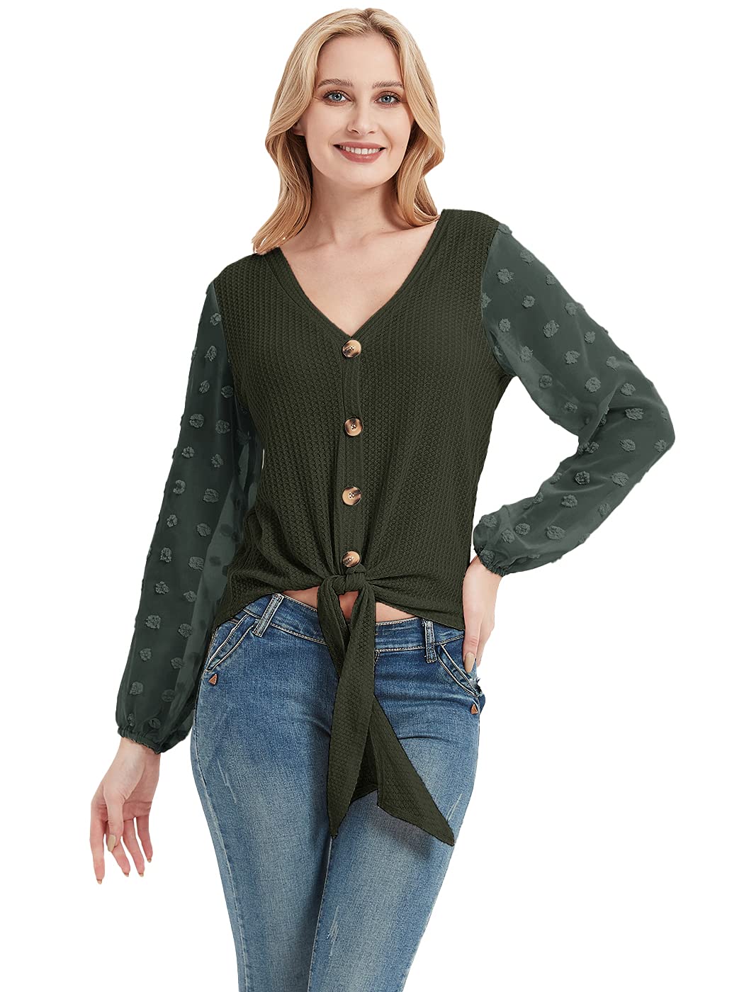 Anna-Kaci Women's Waffle Knit Cardigan - Swiss Dot Long Sleeve Button Down Tie Front Shirt for Casual Wear, Office Outfits & Fall Layering