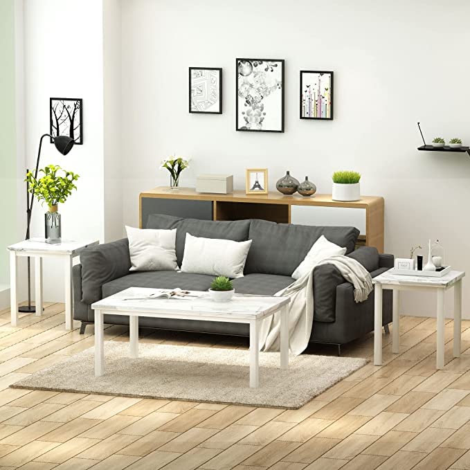 AWQM 3-Piece Faux Marble Coffee Table Set - Rectangular Coffee Table & 2 Side End Tables - Modern Living Room Furniture for Small Spaces, Apartments - White Marble Finish - Perfect for Entertaining, Relaxing & Home Decor