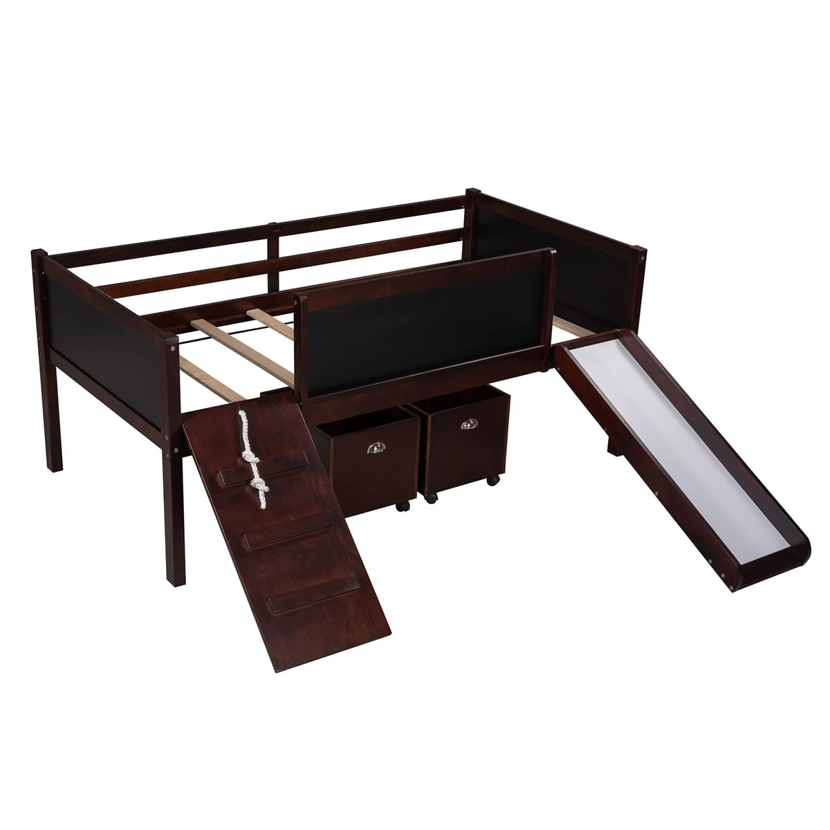 Twin Size Loft Bed with Slide, Storage & Climbing Frame - Wooden Low Loft Bed for Kids with Rope Ladder & Double-Sided Chalkboard (Espresso) - Perfect for Small Bedrooms, Playrooms & Kids' Dorm Rooms