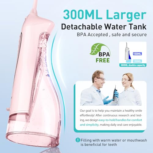 COSLUS 300ML Portable Cordless Water Dental Flosser - Rechargeable Electric Teeth Cleaning Oral Irrigator with IPX7 Waterproof, Travel-Friendly Teeth Pick for Home & Travel Use (Pink, Model C20-F5020E) - Perfect for Daily Oral Care, Braces Cleaning, and Gum Health Maintenance