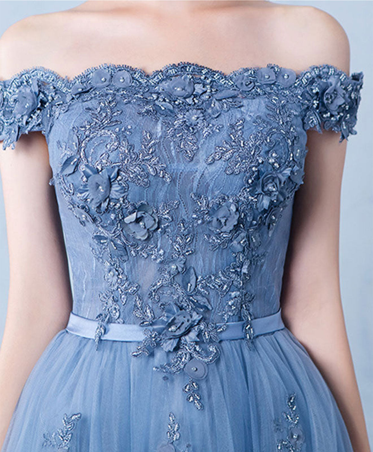 Elegant Blue Tulle Lace Off Shoulder Long Prom Dress with Beading - Perfect for Bridesmaid, Evening Gala & Formal Events